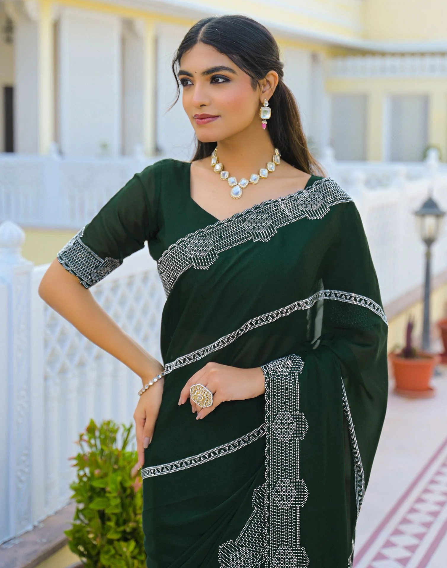 Bottle Green Shimmer Stone Work Embellished Saree - Image 4