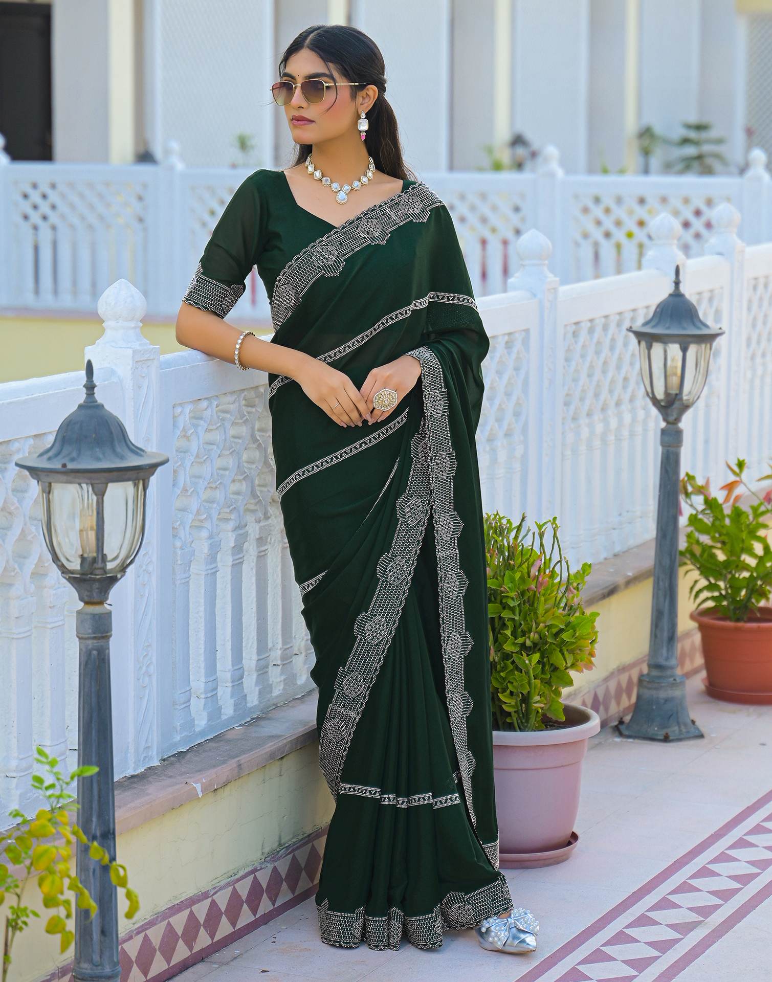 Bottle Green Shimmer Stone Work Embellished Saree - Image 7