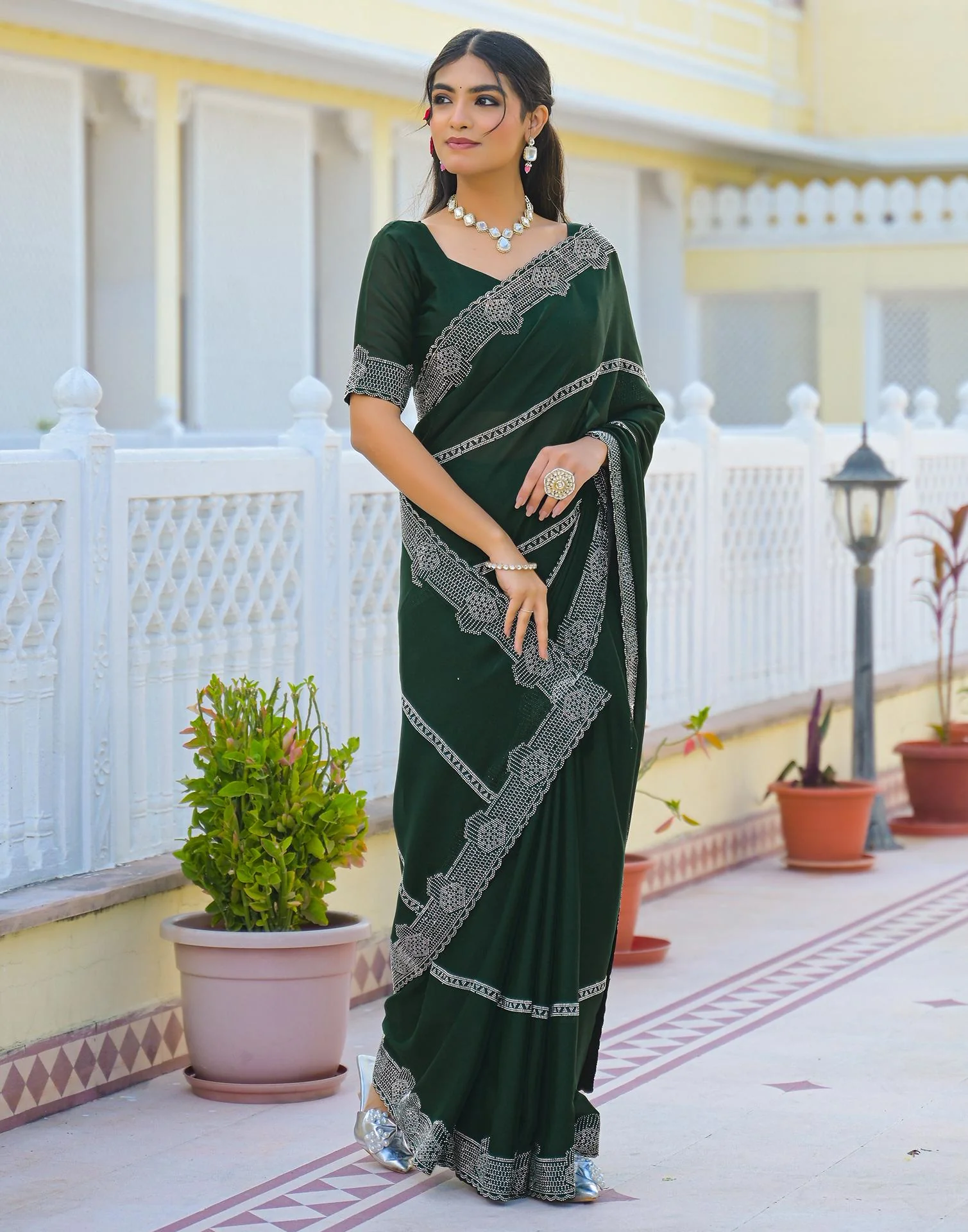 Bottle Green Shimmer Stone Work Embellished Saree - Image 9