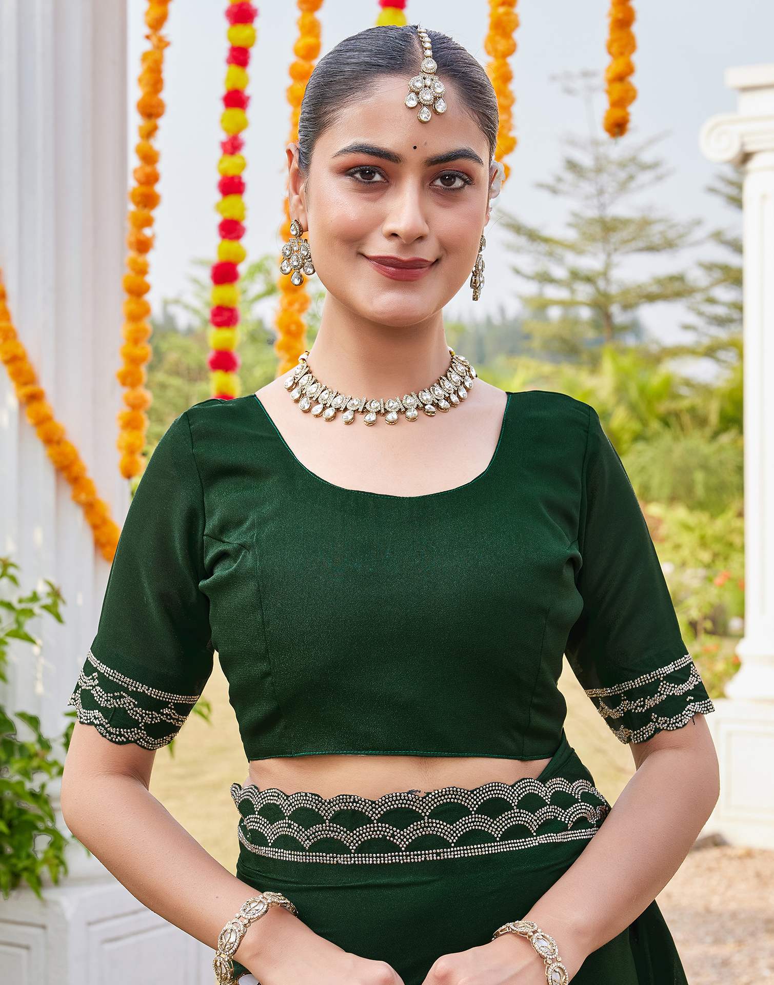 Bottle Green Shimmer Stone Work Embellished Saree - Image 10