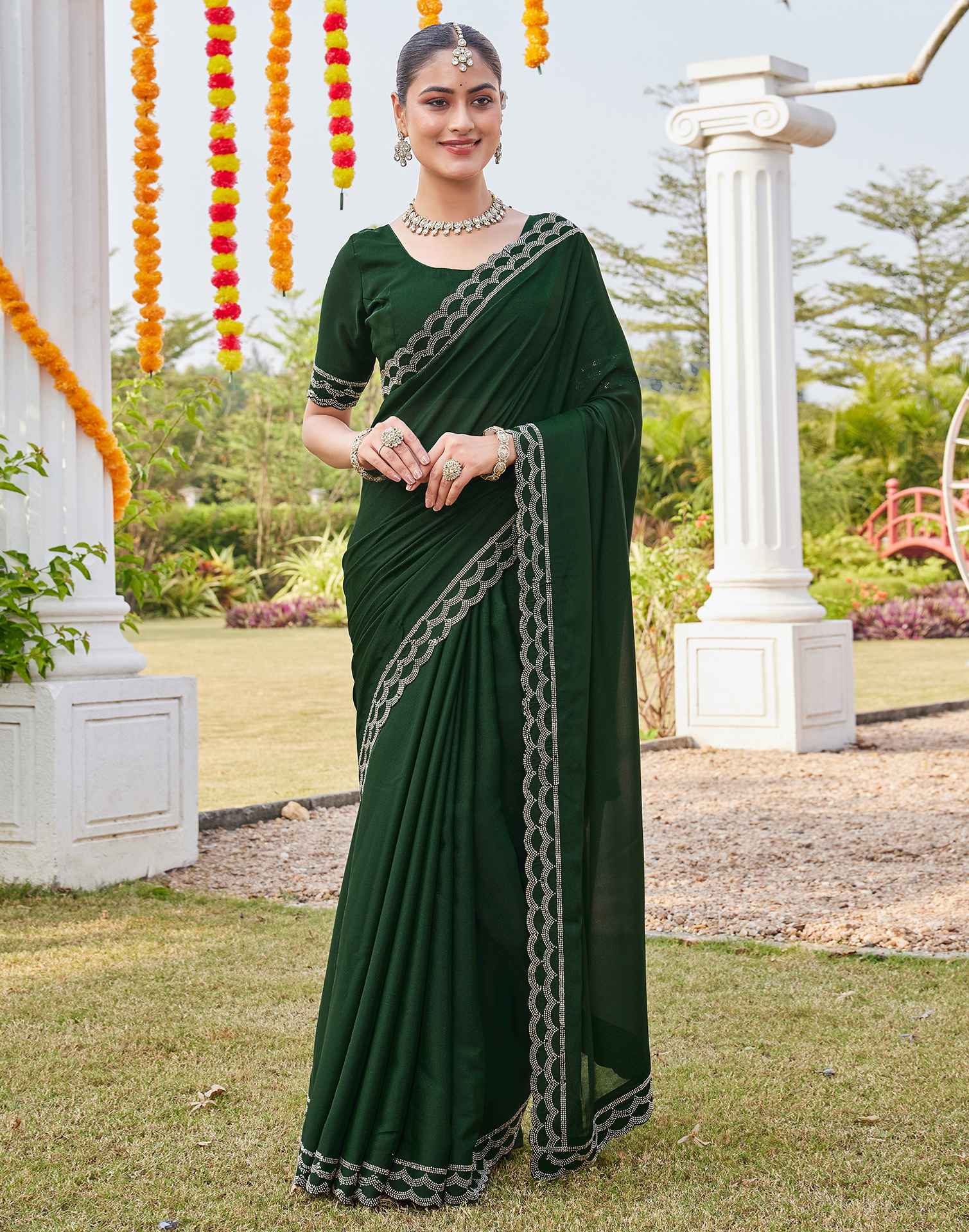 Bottle Green Shimmer Stone Work Embellished Saree - Image 2