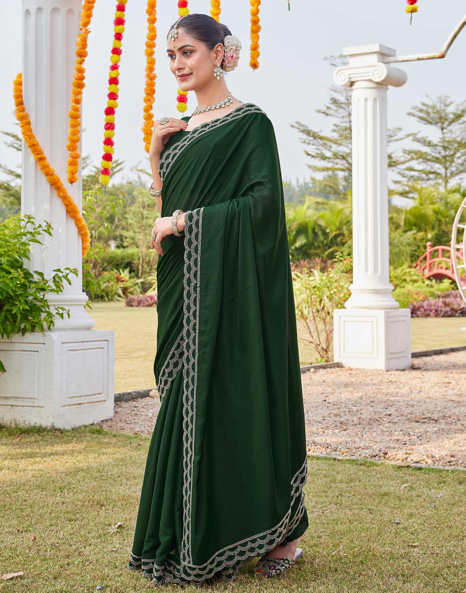 Bottle Green Shimmer Stone Work Embellished Saree - Image 5