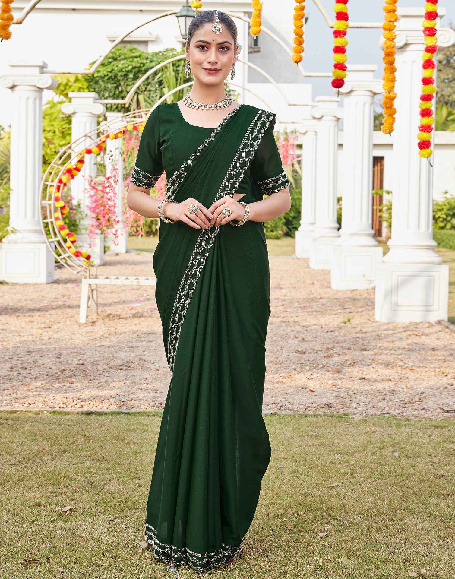 Bottle Green Shimmer Stone Work Embellished Saree - Image 6
