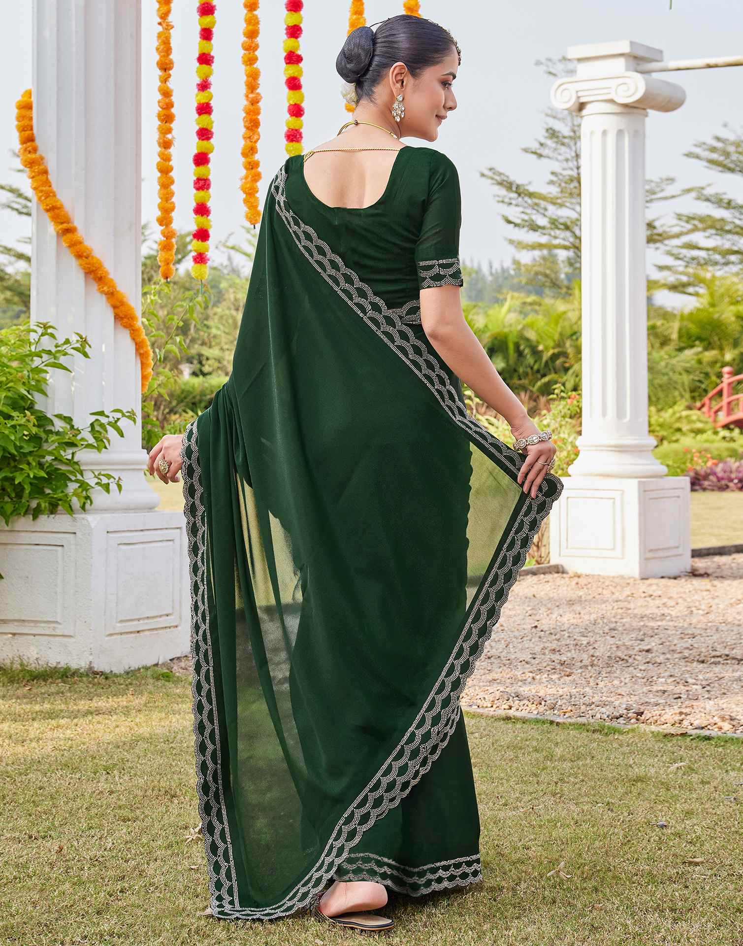 Bottle Green Shimmer Stone Work Embellished Saree - Image 7