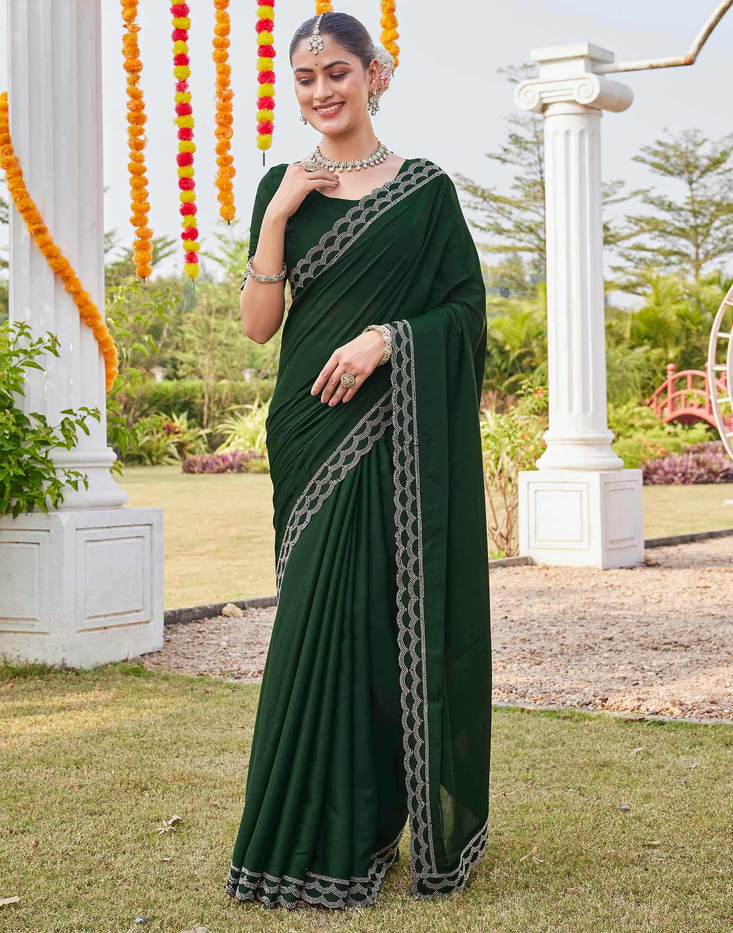 Bottle Green Shimmer Stone Work Embellished Saree - Image 8