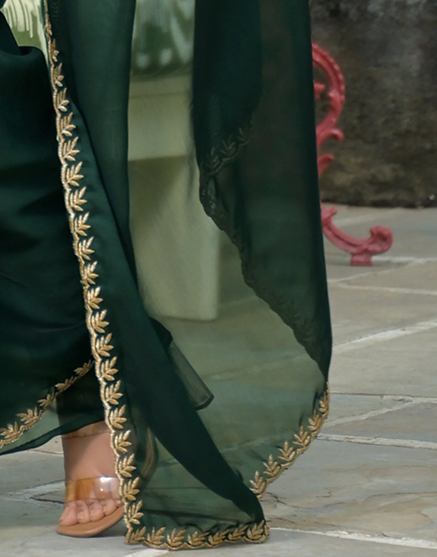 Bottle Green Silk Embroidery Saree - Image 10