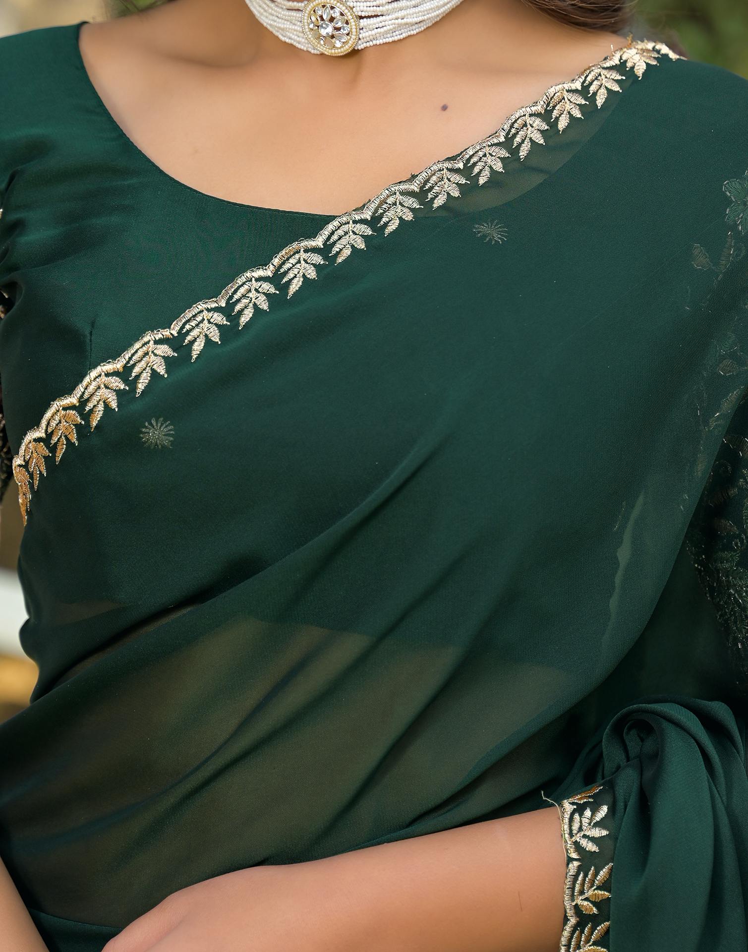 Bottle Green Silk Embroidery Saree - Image 11