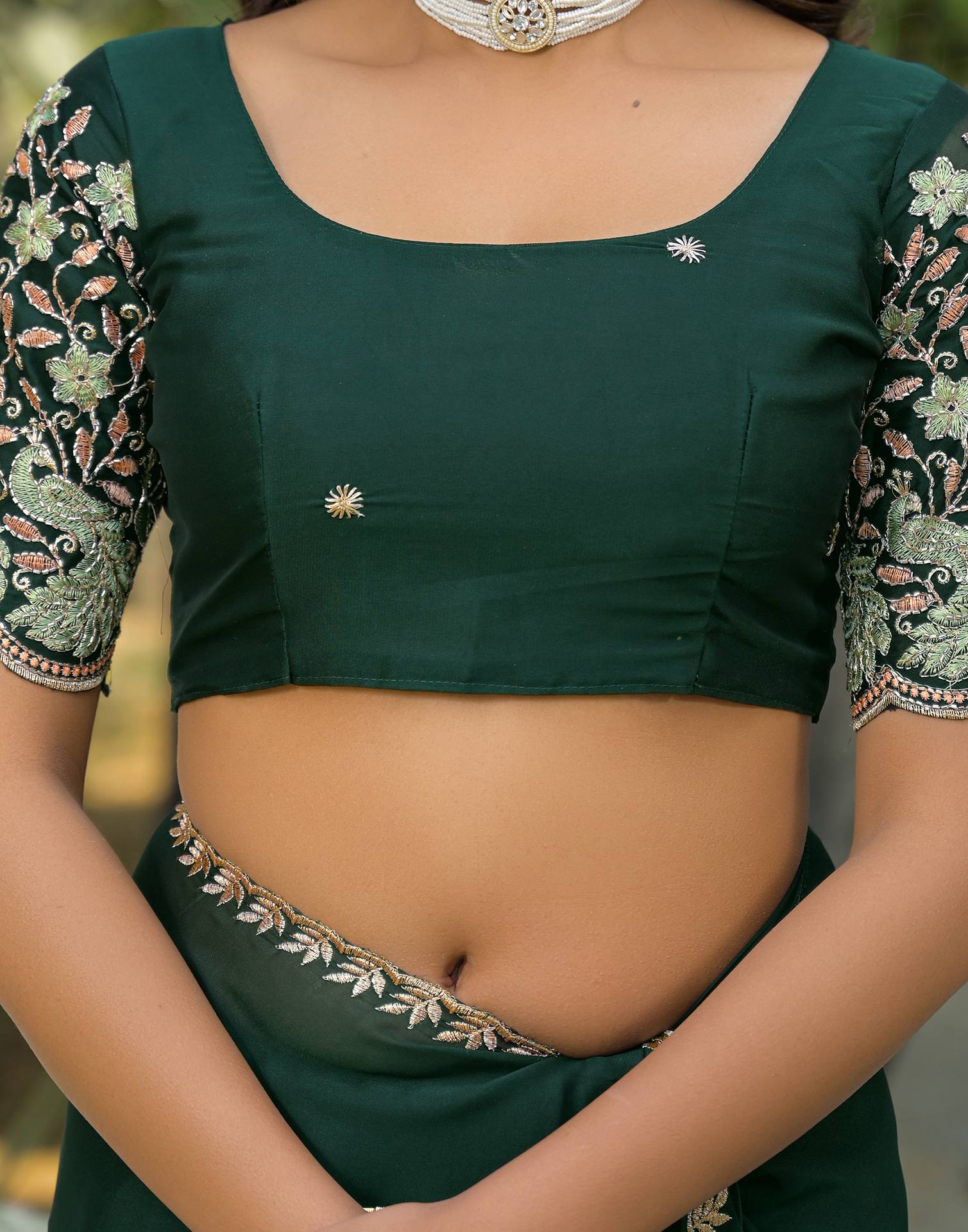 Bottle Green Silk Embroidery Saree - Image 12