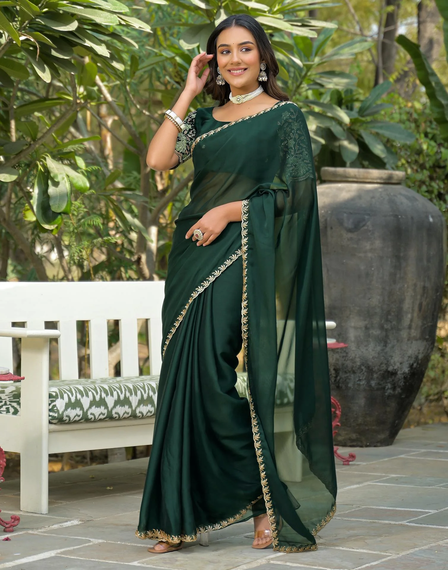 Bottle Green Silk Embroidery Saree - Image 4