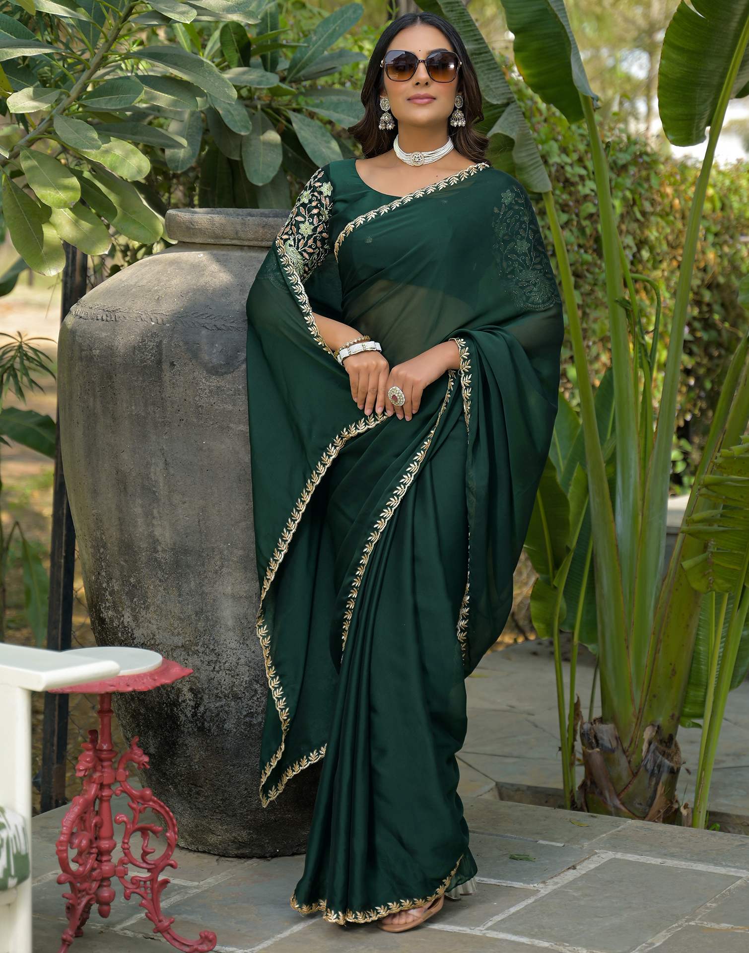 Bottle Green Silk Embroidery Saree - Image 8