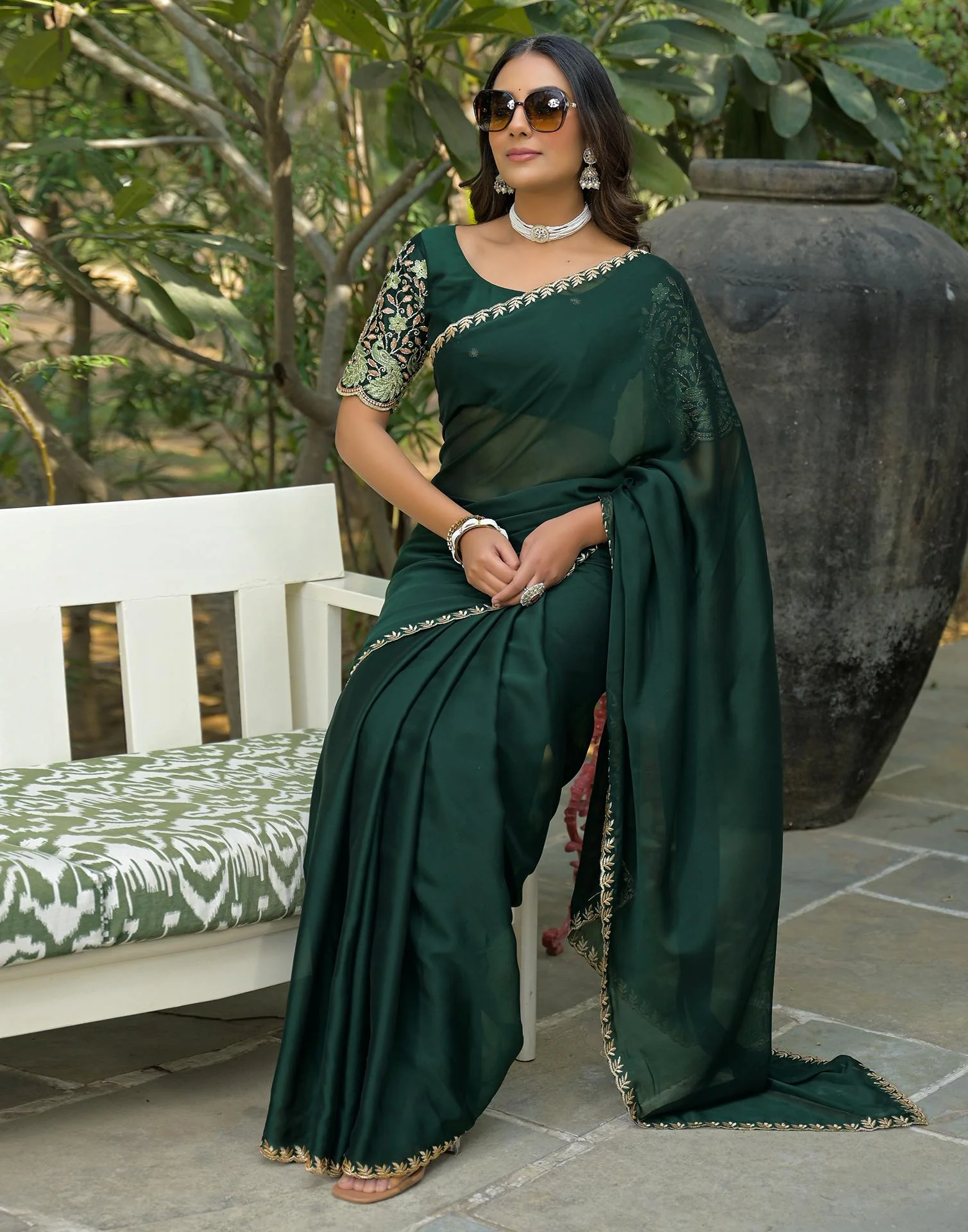 Bottle Green Silk Embroidery Saree - Image 9