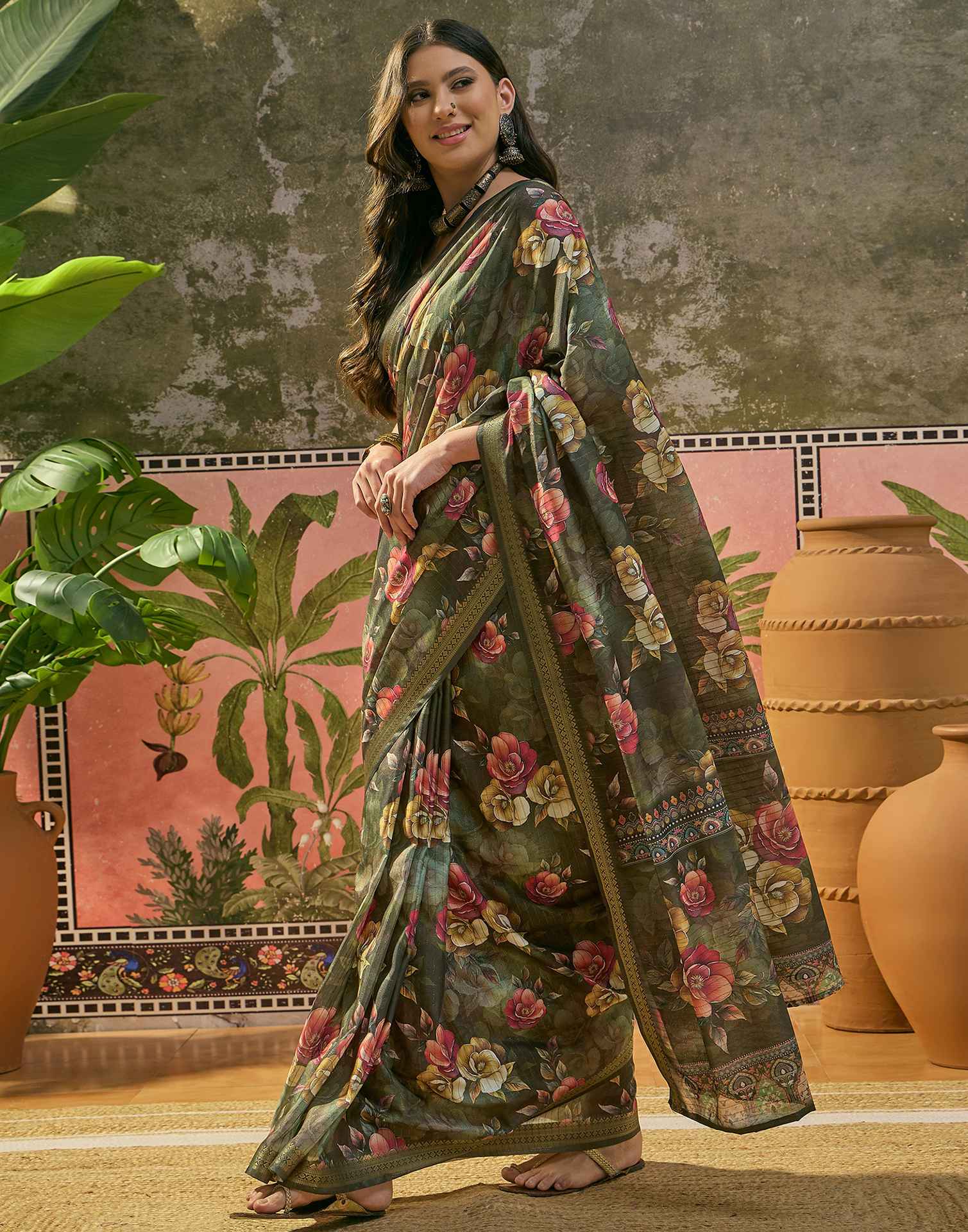 Bottle Green Silk Floral Printed Zari Stripe Saree - Image 4