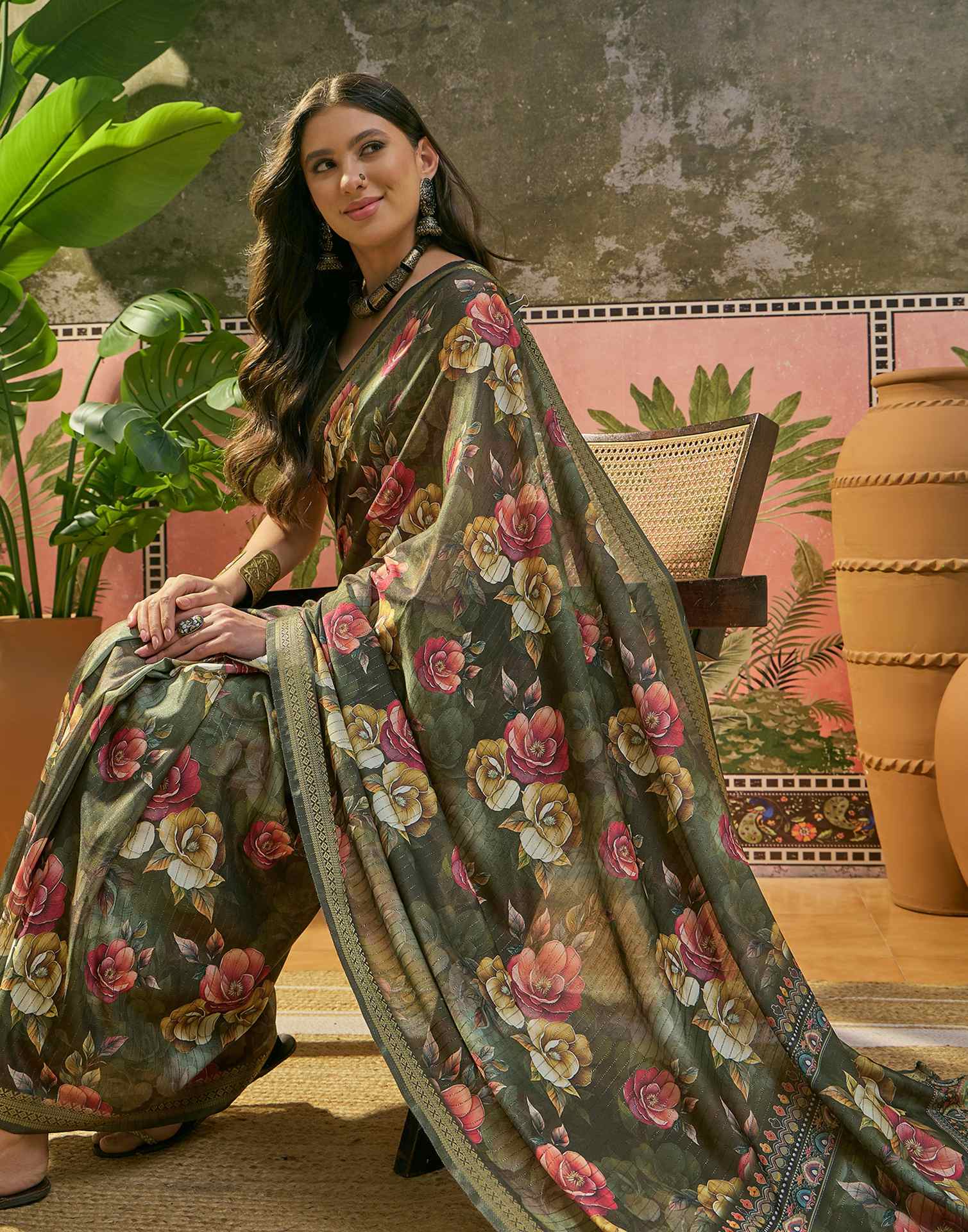 Bottle Green Silk Floral Printed Zari Stripe Saree - Image 5