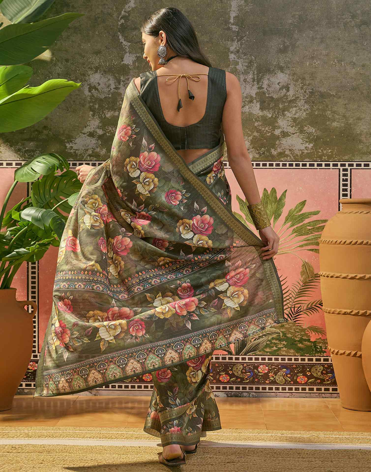 Bottle Green Silk Floral Printed Zari Stripe Saree - Image 6