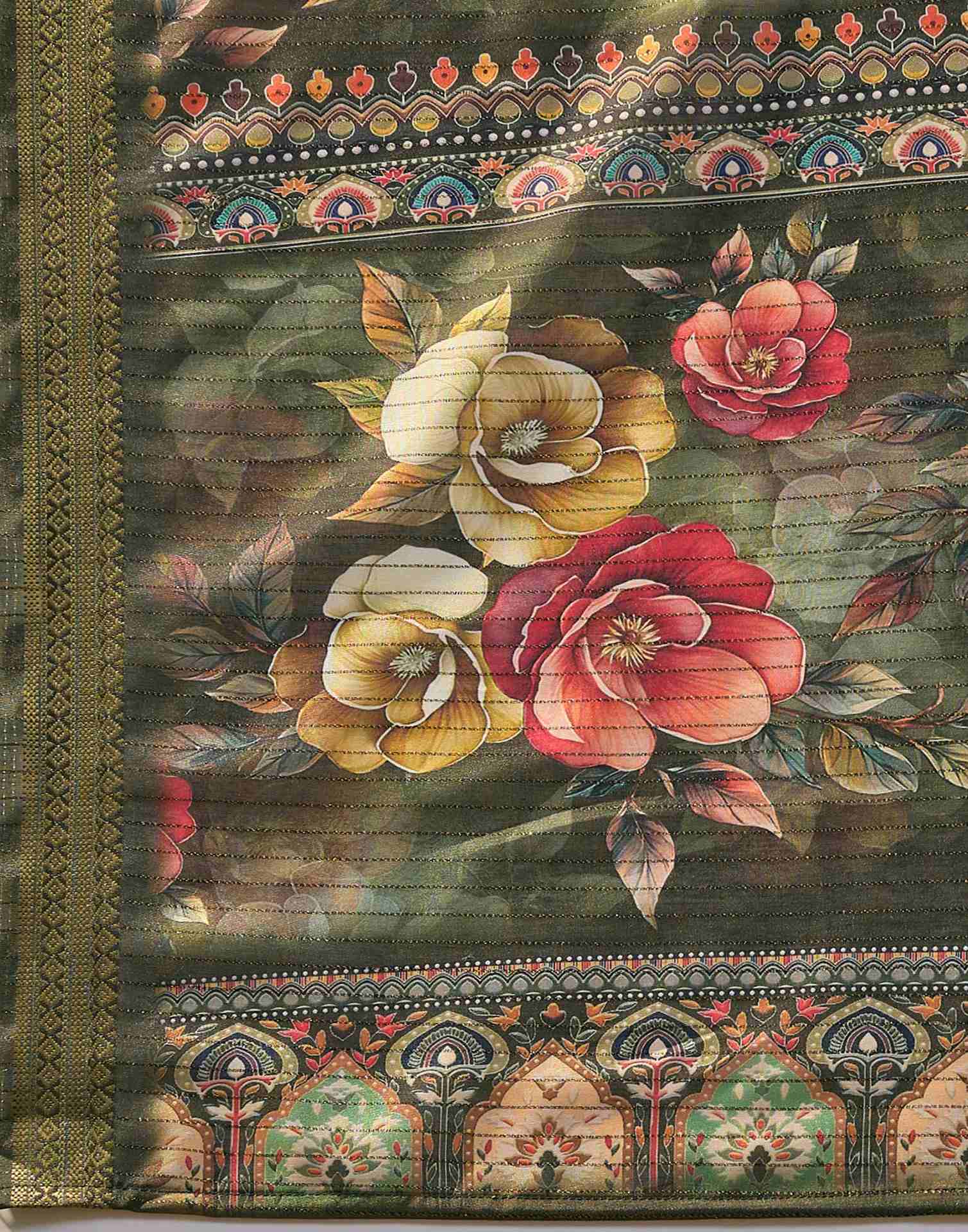 Bottle Green Silk Floral Printed Zari Stripe Saree - Image 8