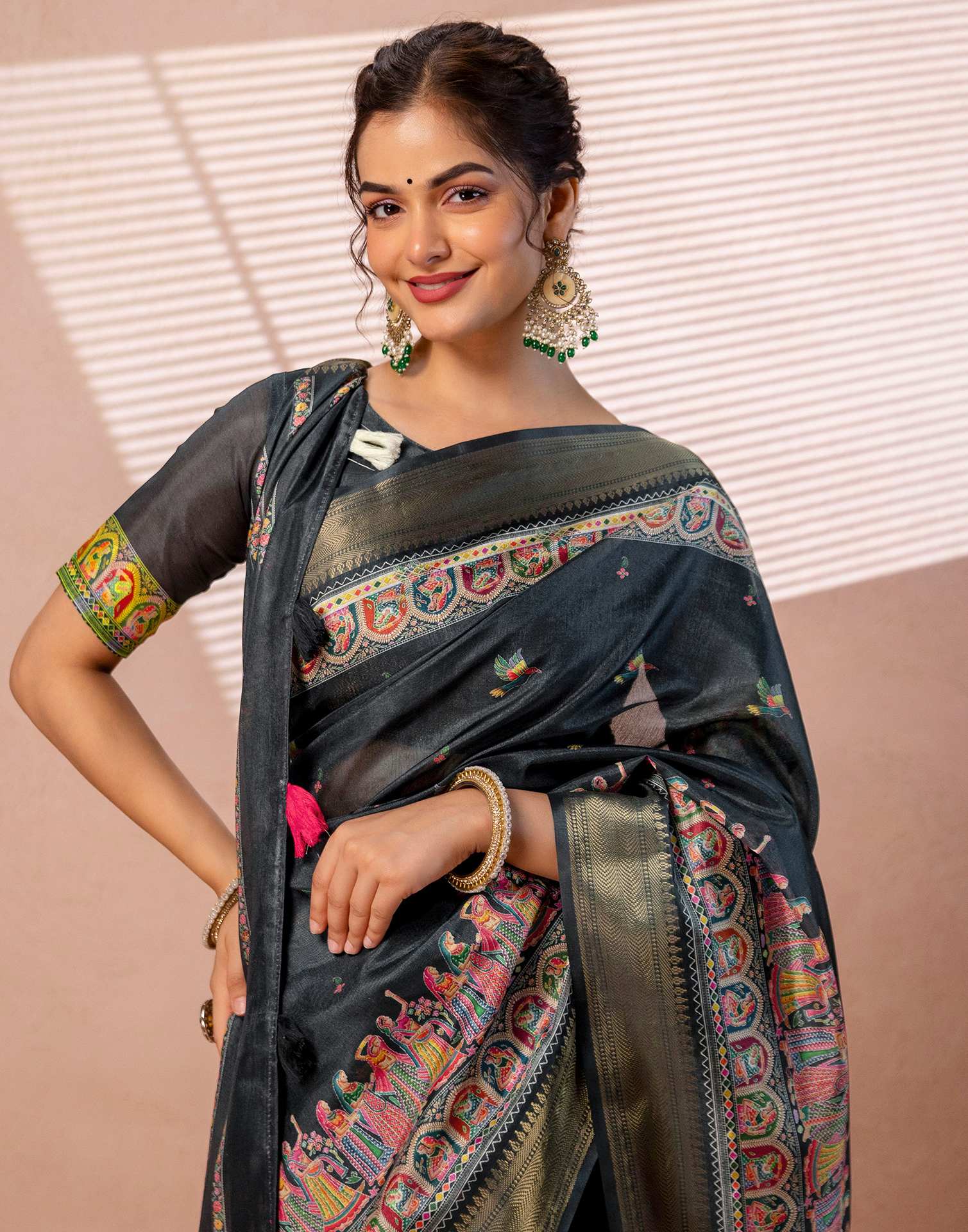 Bottle Green Silk Kalamkari Woven Border Saree - Image 2