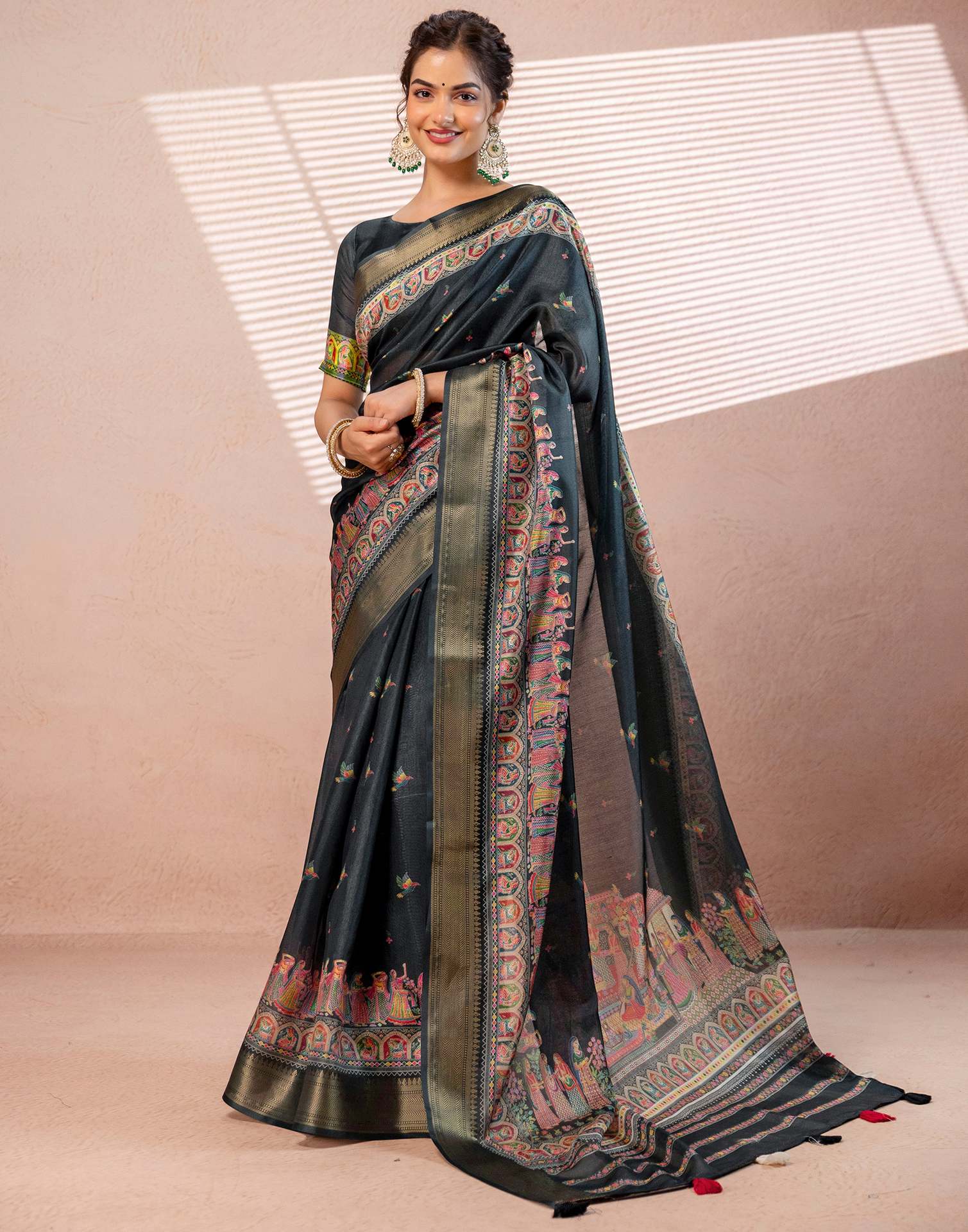 Bottle Green Silk Kalamkari Woven Border Saree - Image 4