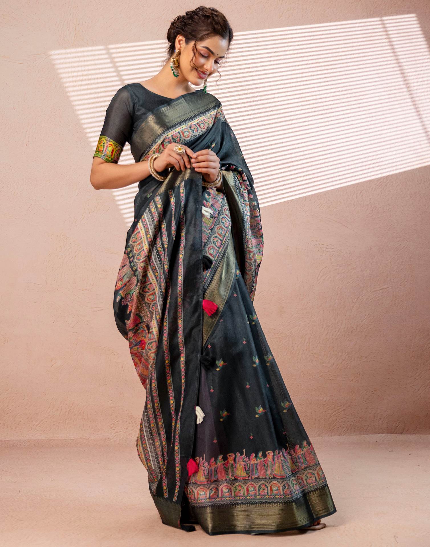 Bottle Green Silk Kalamkari Woven Border Saree - Image 5