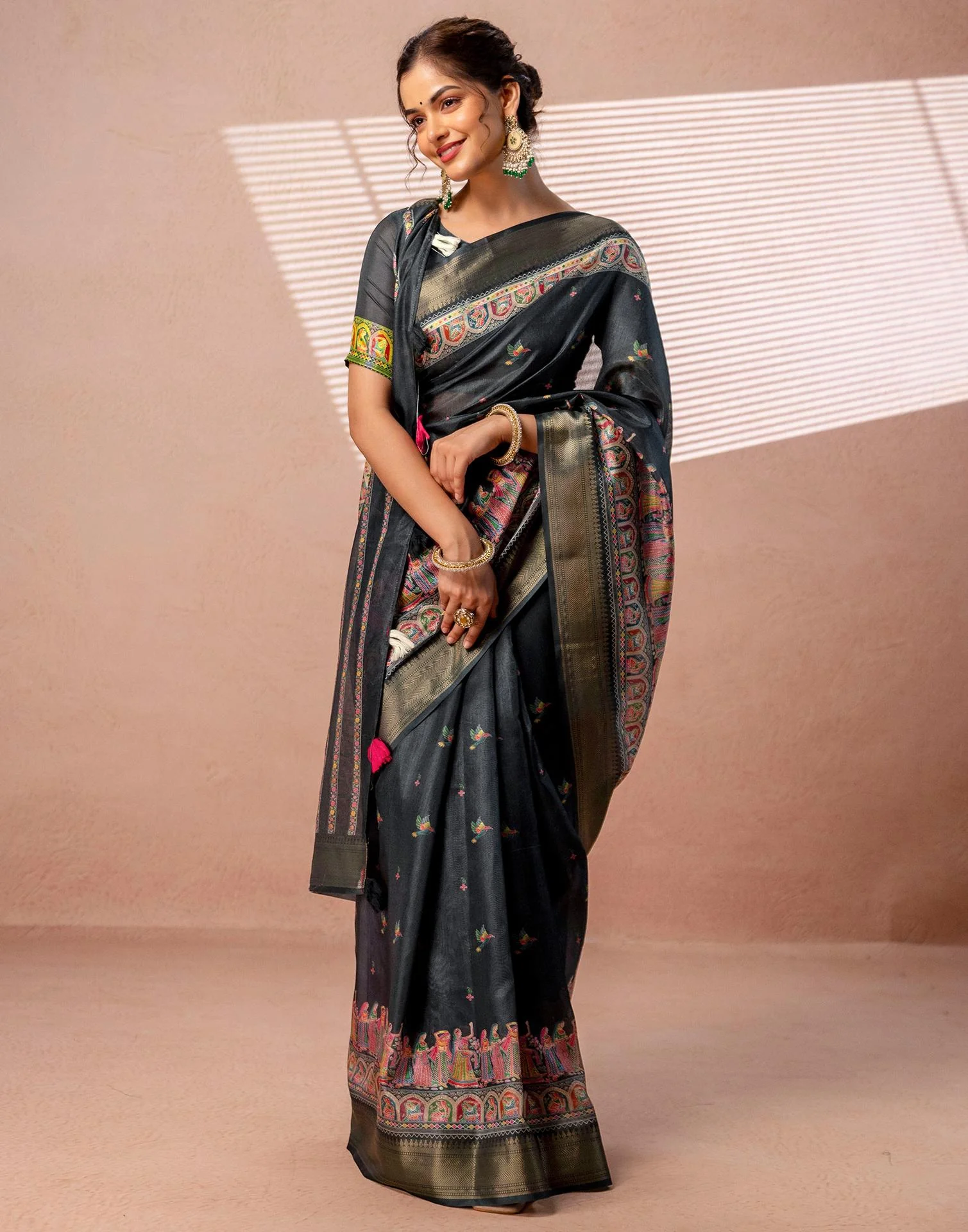 Bottle Green Silk Kalamkari Woven Border Saree - Image 7