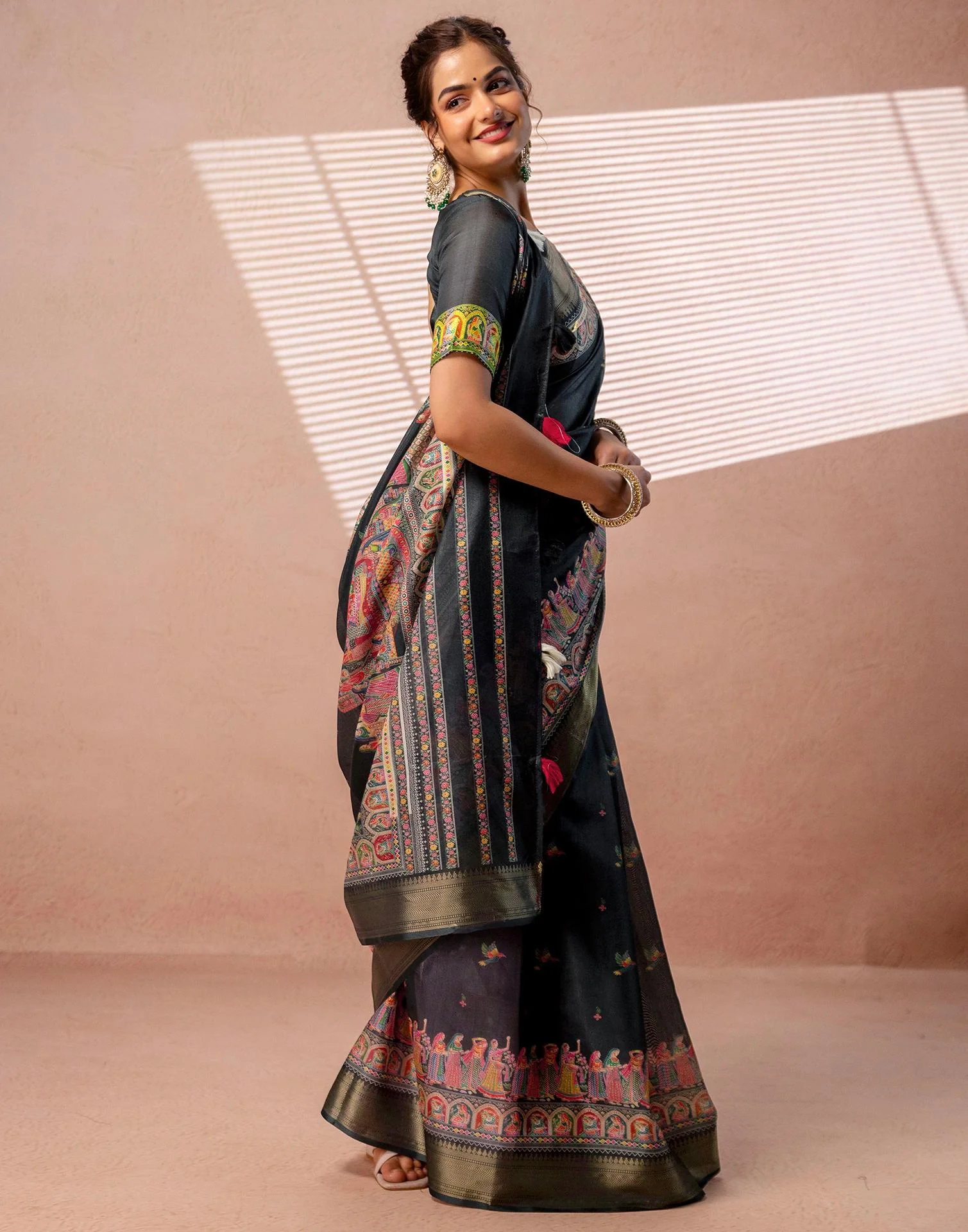 Bottle Green Silk Kalamkari Woven Border Saree - Image 8
