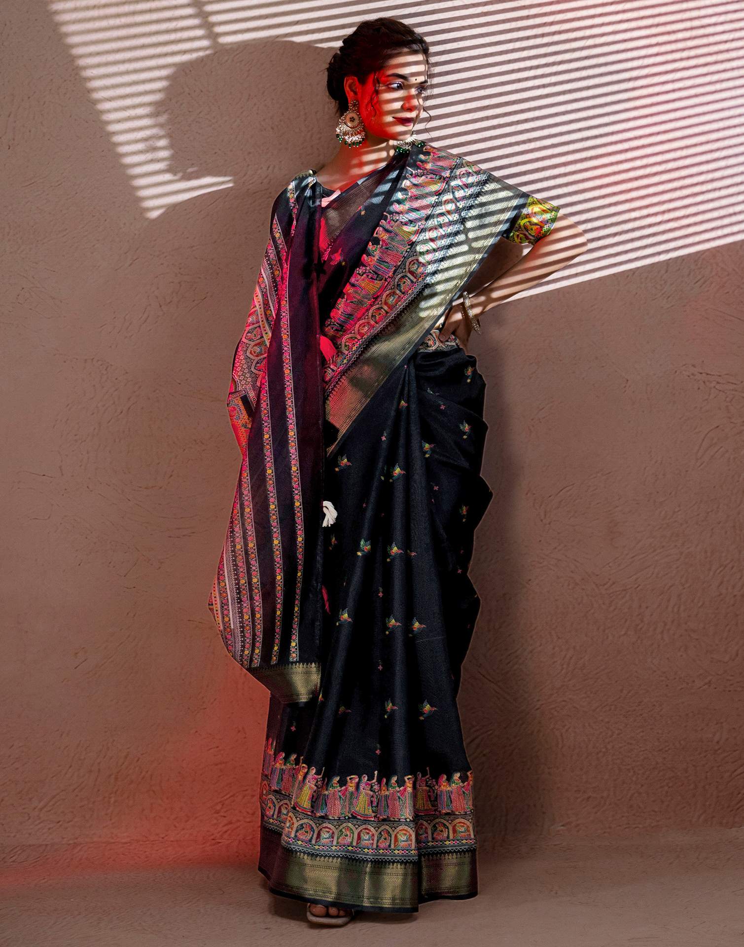Bottle Green Silk Kalamkari Woven Border Saree - Image 9