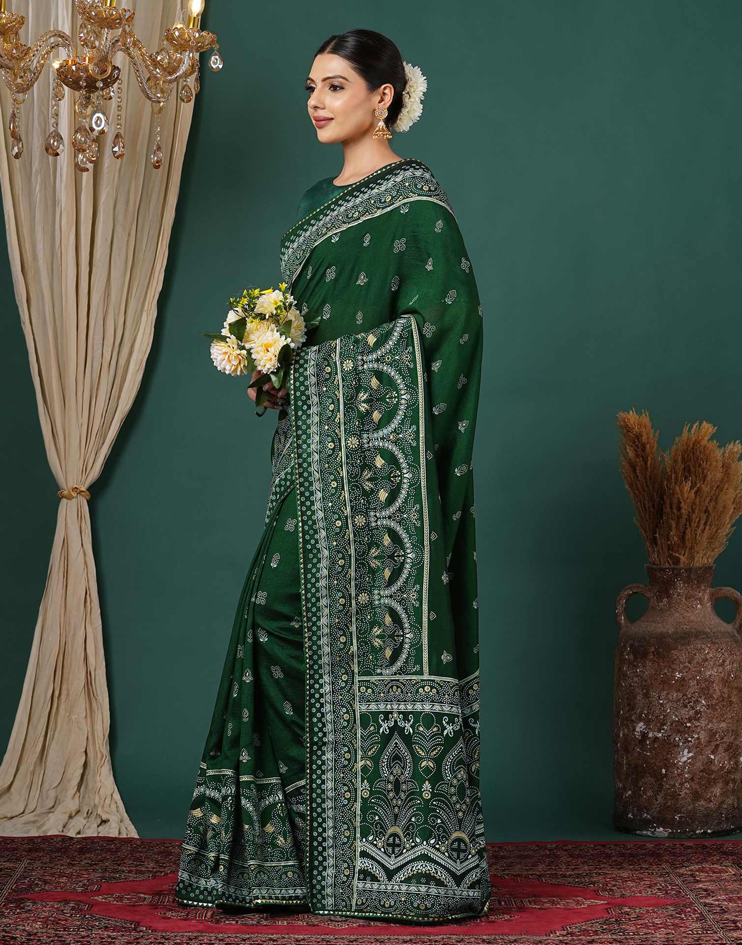 Bottle Green Silk Printed Saree - Image 4