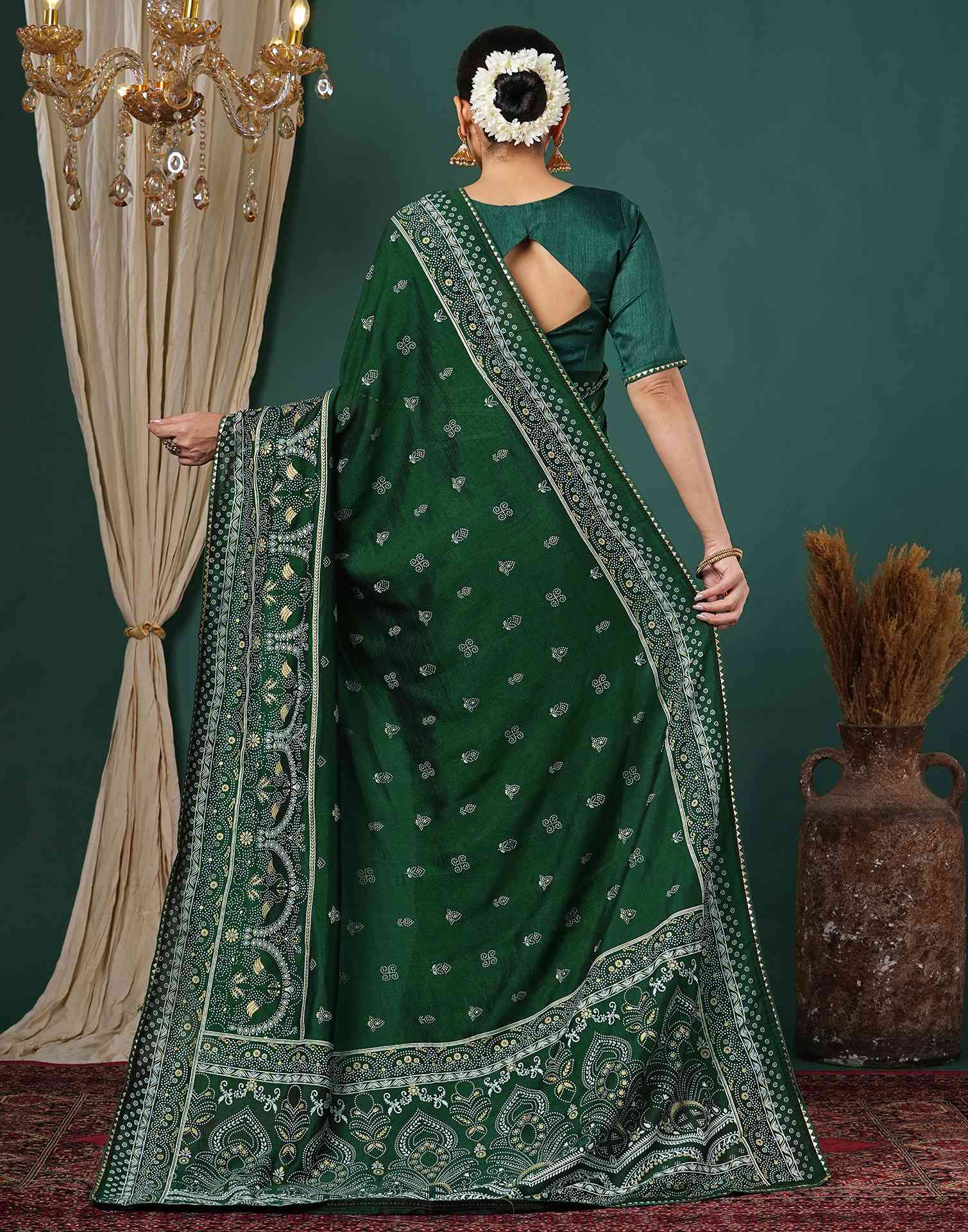 Bottle Green Silk Printed Saree - Image 6