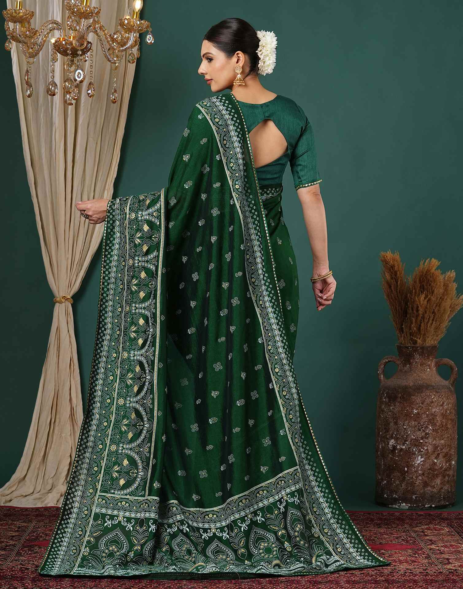 Bottle Green Silk Printed Saree - Image 7