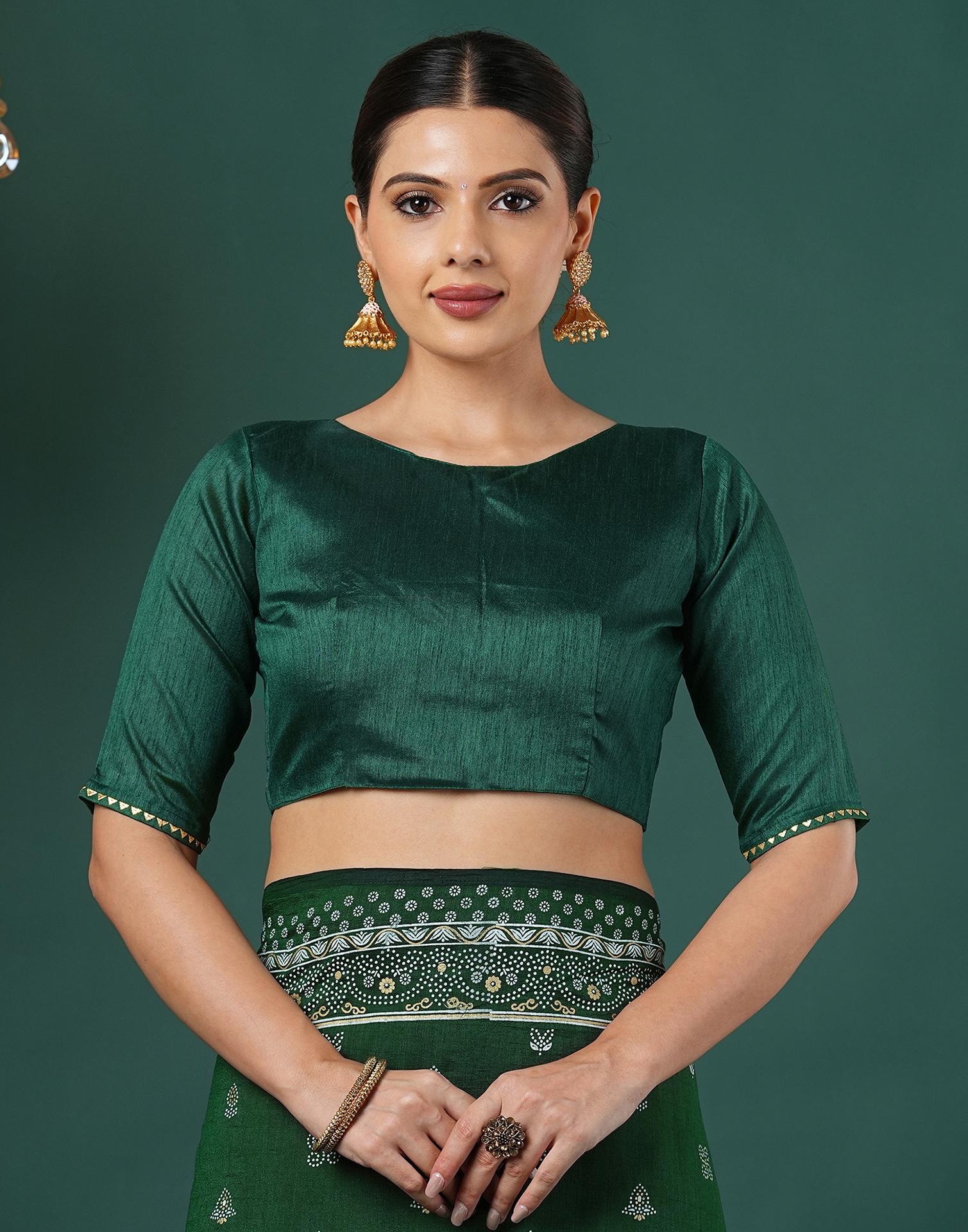 Bottle Green Silk Printed Saree - Image 8