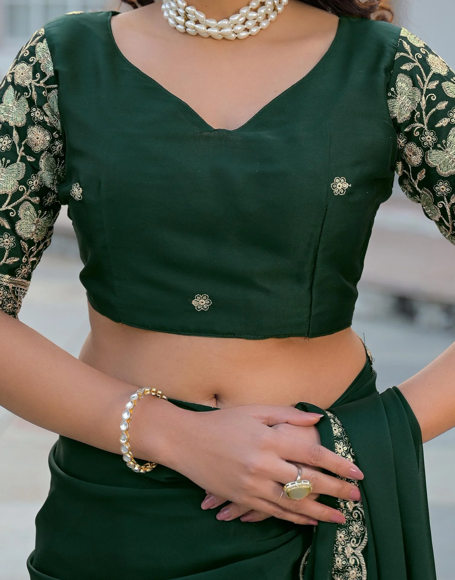 Bottle Green Silk Sequence Embroidery Lace Saree - Image 10