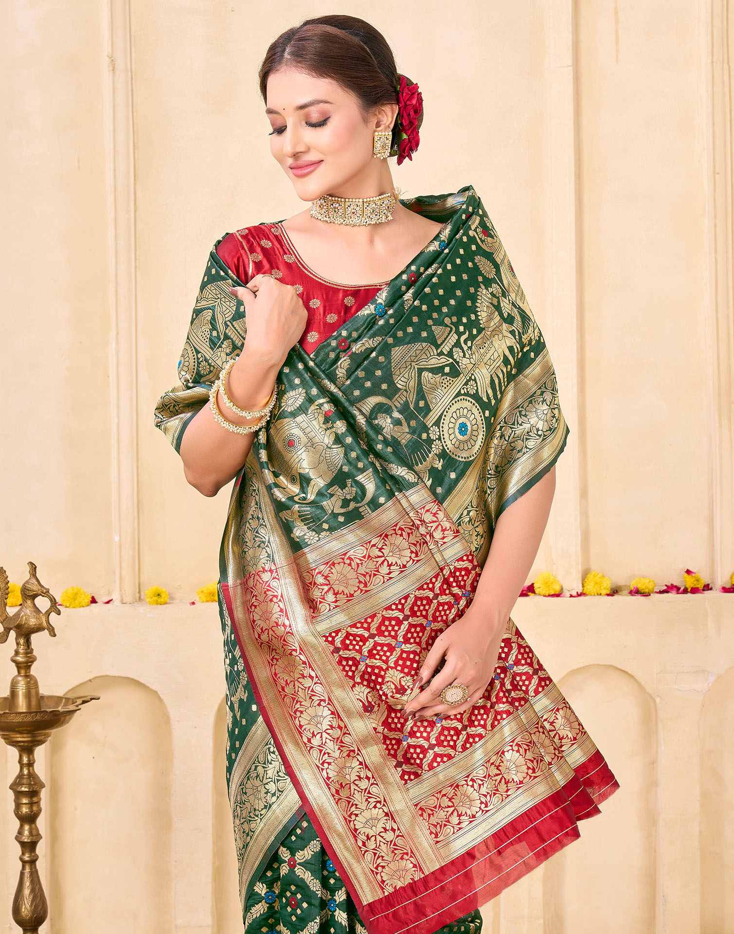 Bottle Green Silk Woven Banarasi Saree - Image 2