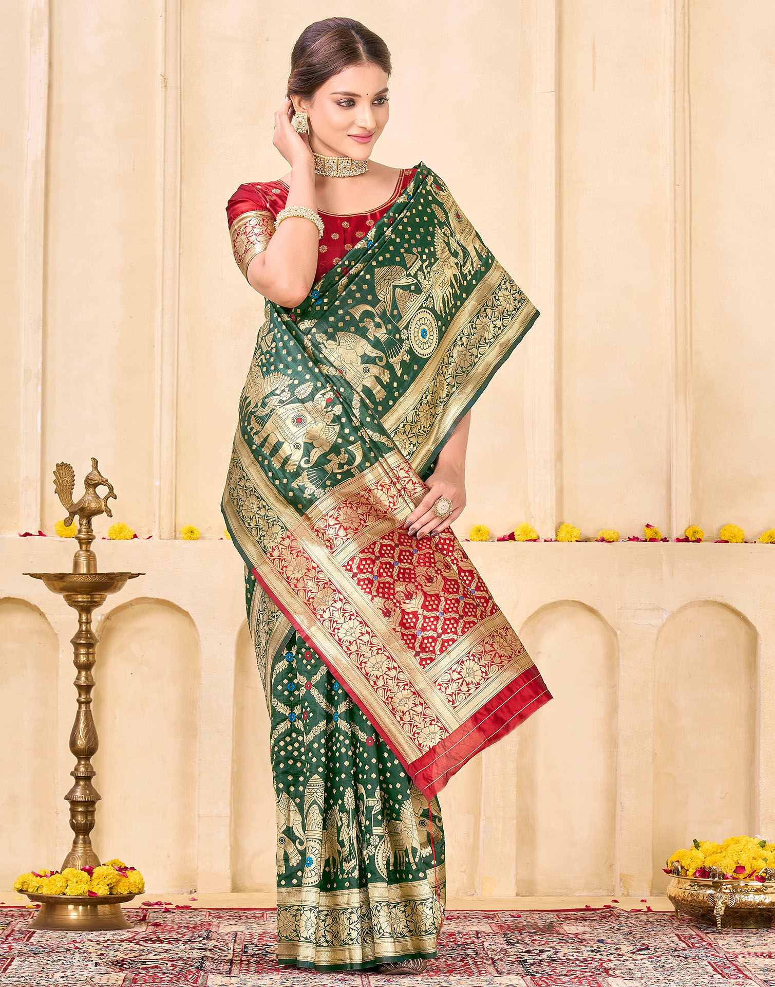 Bottle Green Silk Woven Banarasi Saree - Image 5