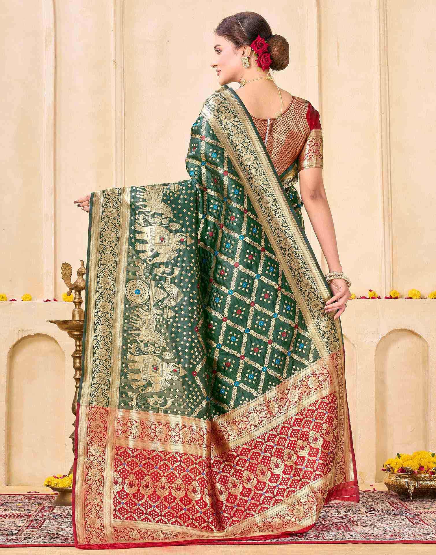 Bottle Green Silk Woven Banarasi Saree - Image 6