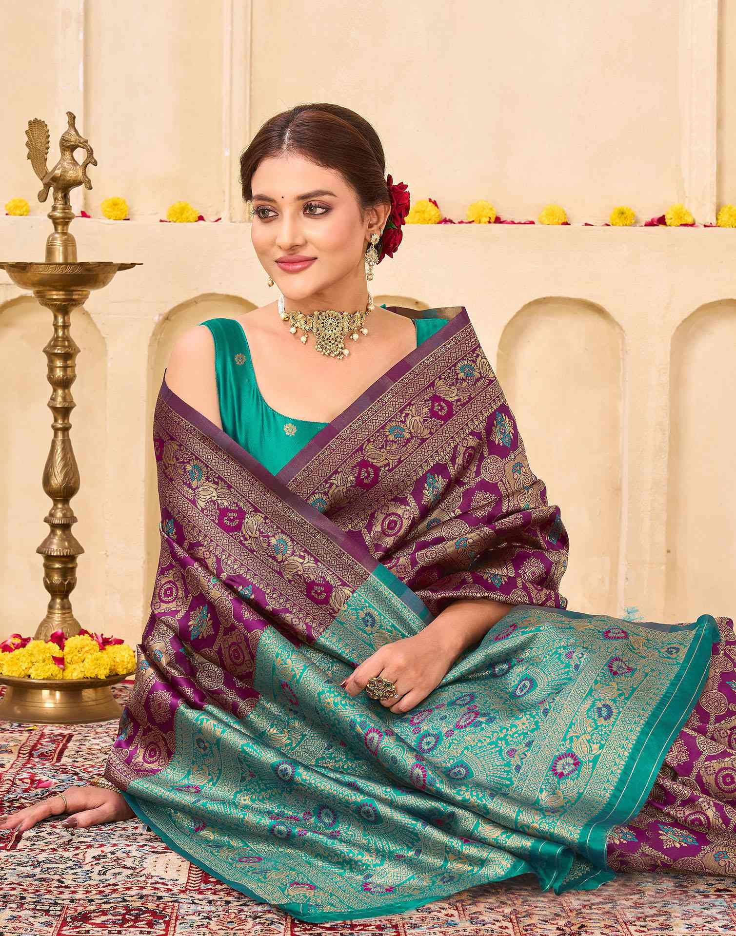 Bottle Green Silk Woven Banarasi Saree - Image 2