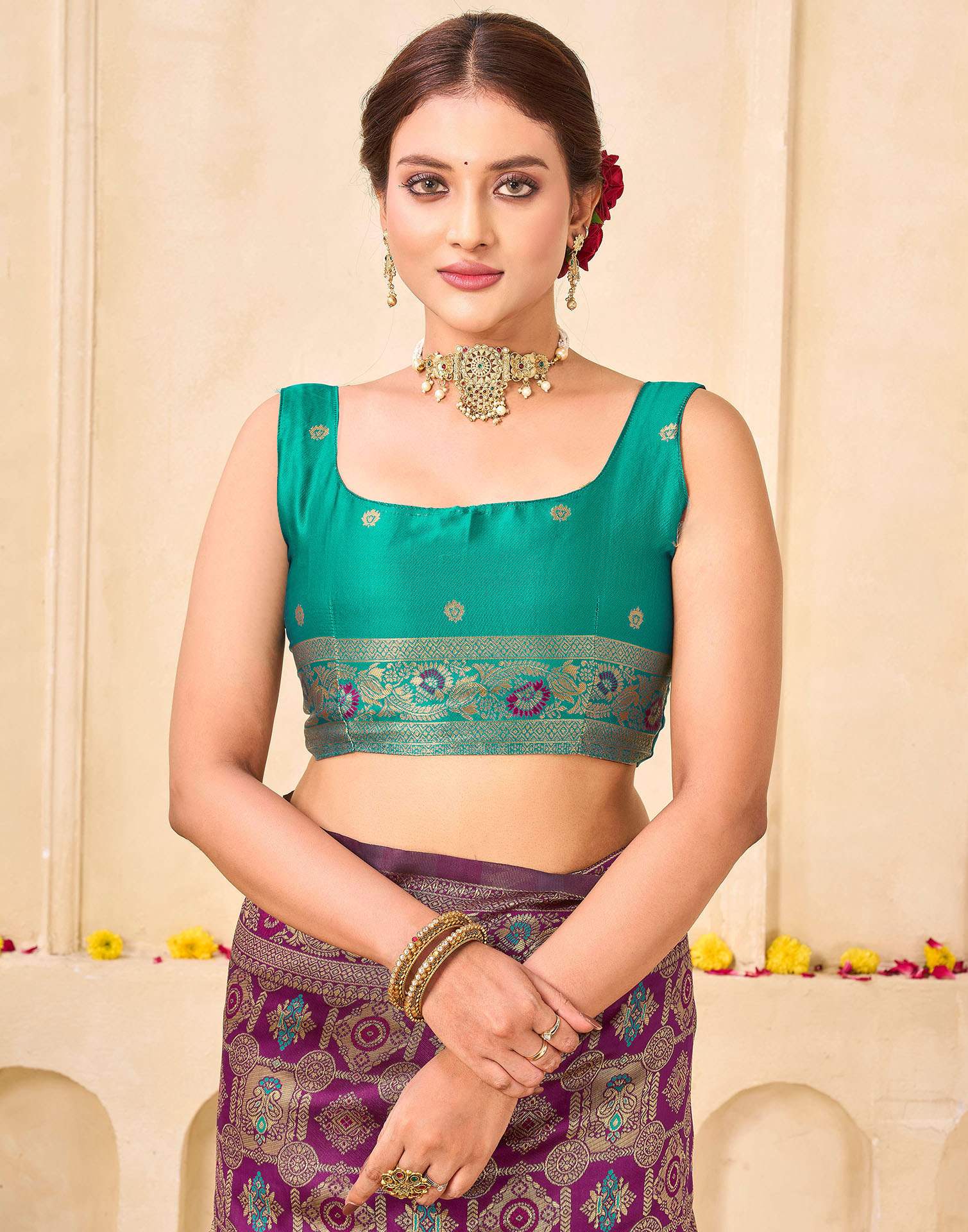 Bottle Green Silk Woven Banarasi Saree - Image 8