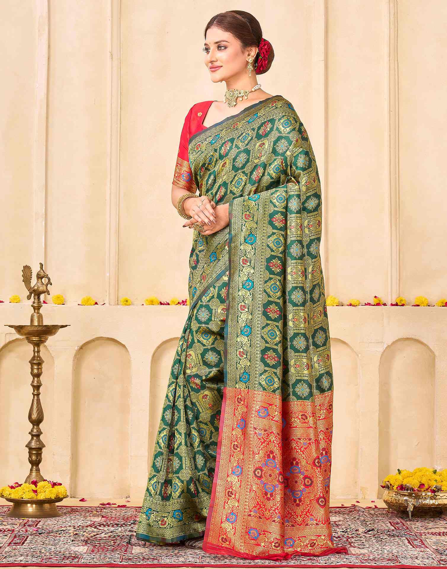 Bottle Green Silk Woven Banarasi Saree - Image 4
