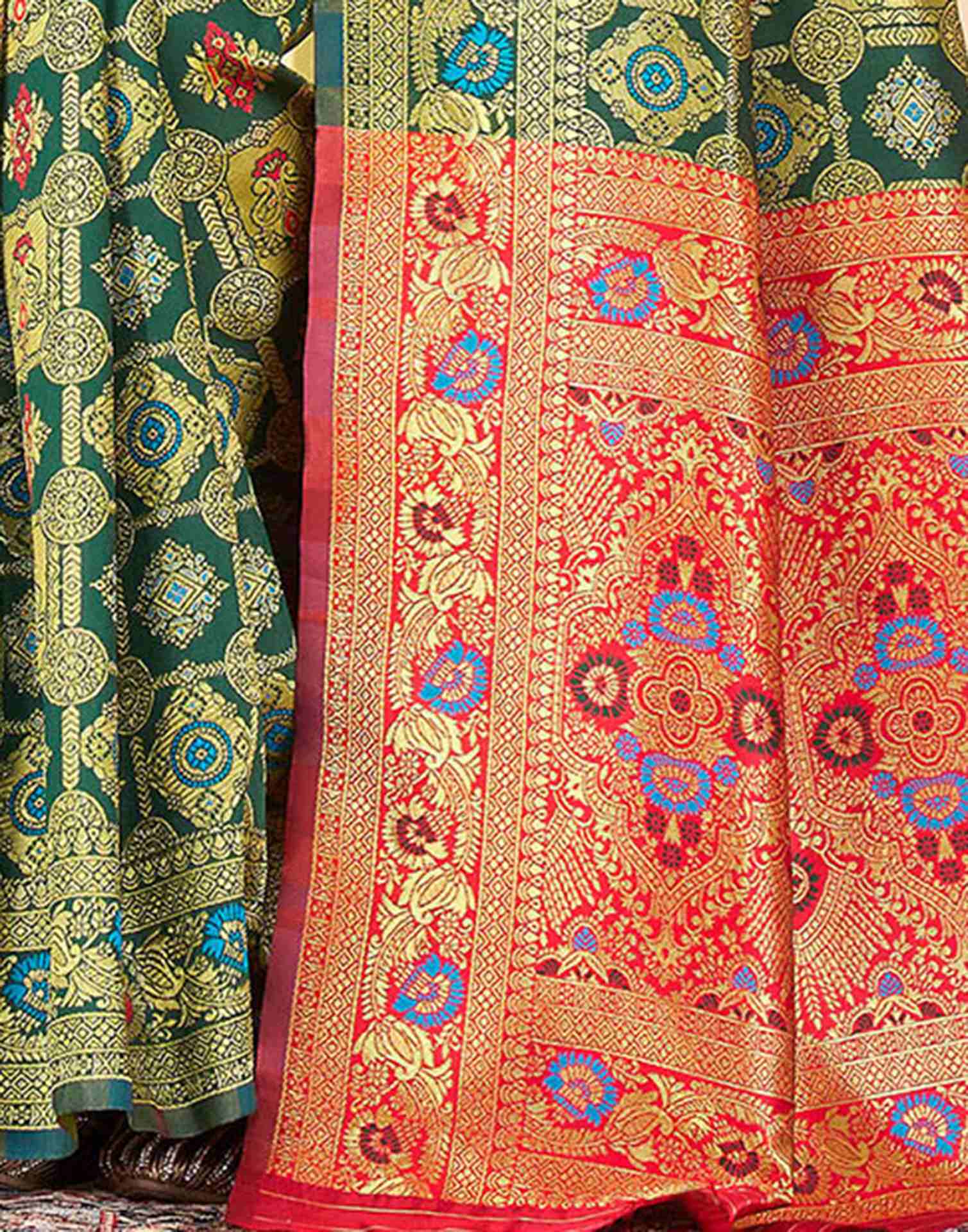 Bottle Green Silk Woven Banarasi Saree - Image 7