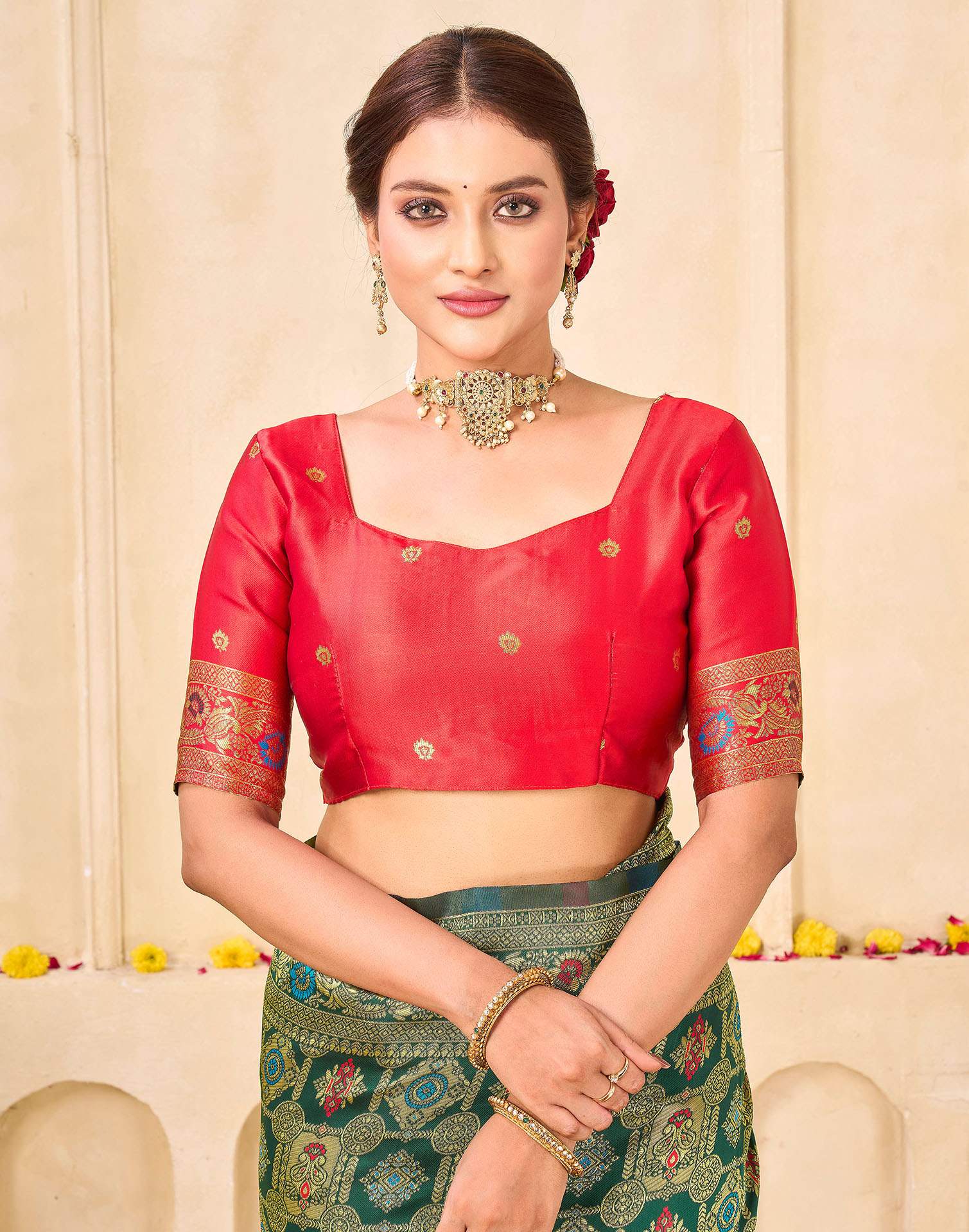 Bottle Green Silk Woven Banarasi Saree - Image 8