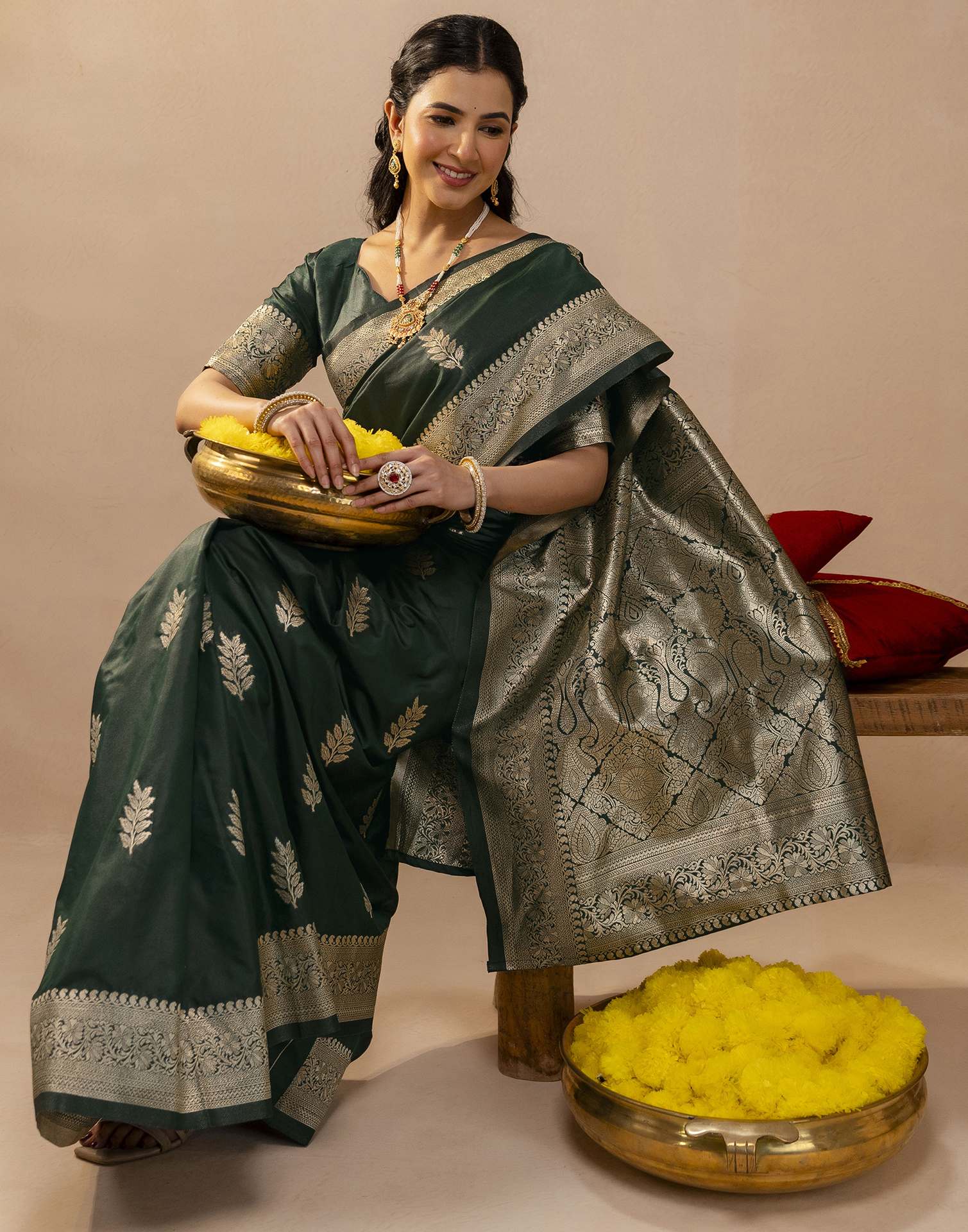 Bottle Green Silk Woven Banarasi Saree - Image 10