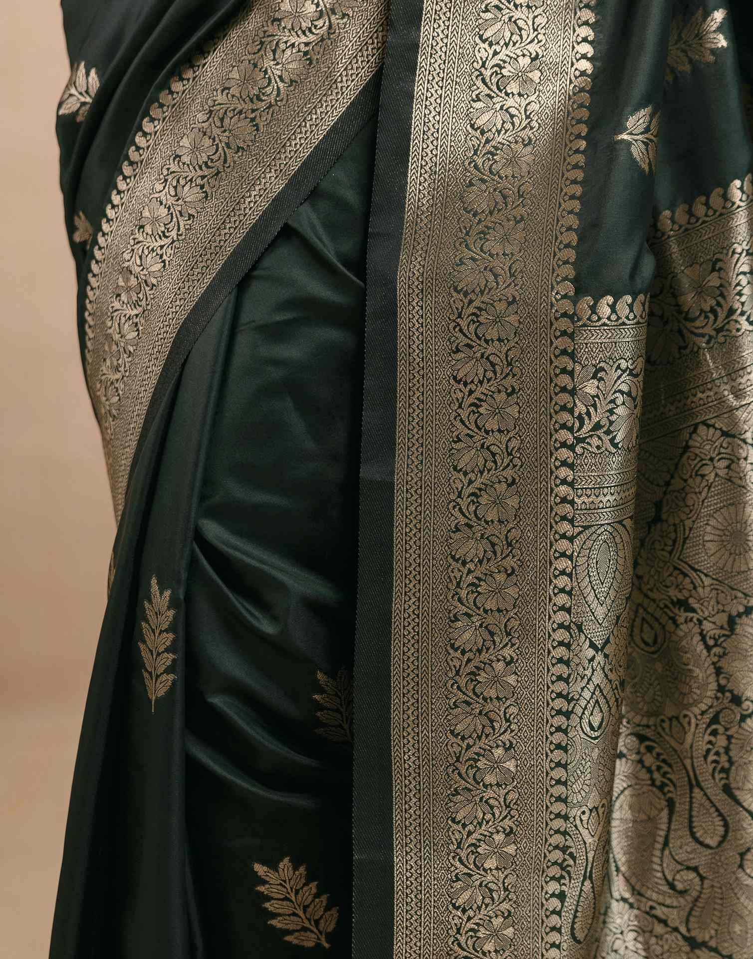 Bottle Green Silk Woven Banarasi Saree - Image 11