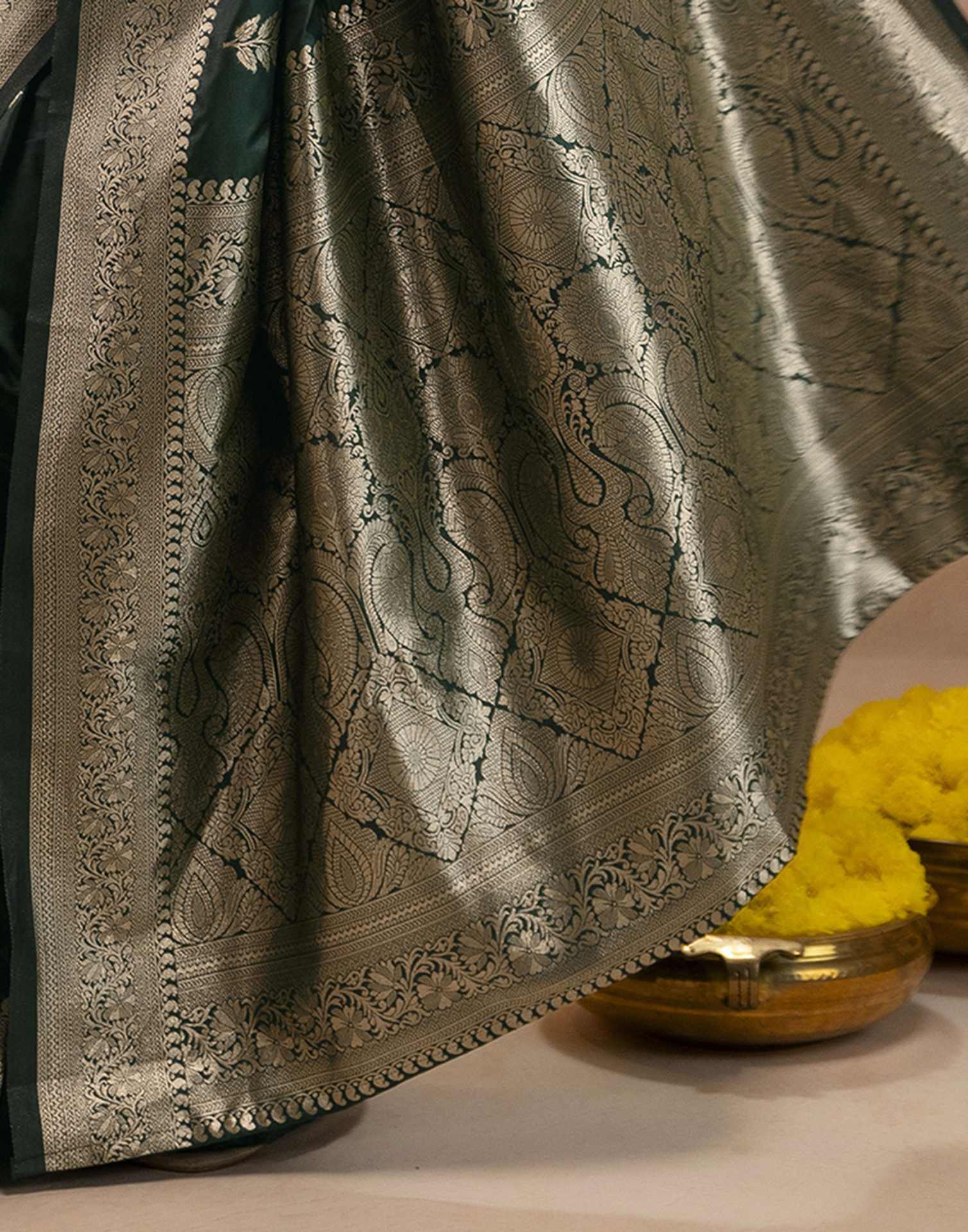 Bottle Green Silk Woven Banarasi Saree - Image 12