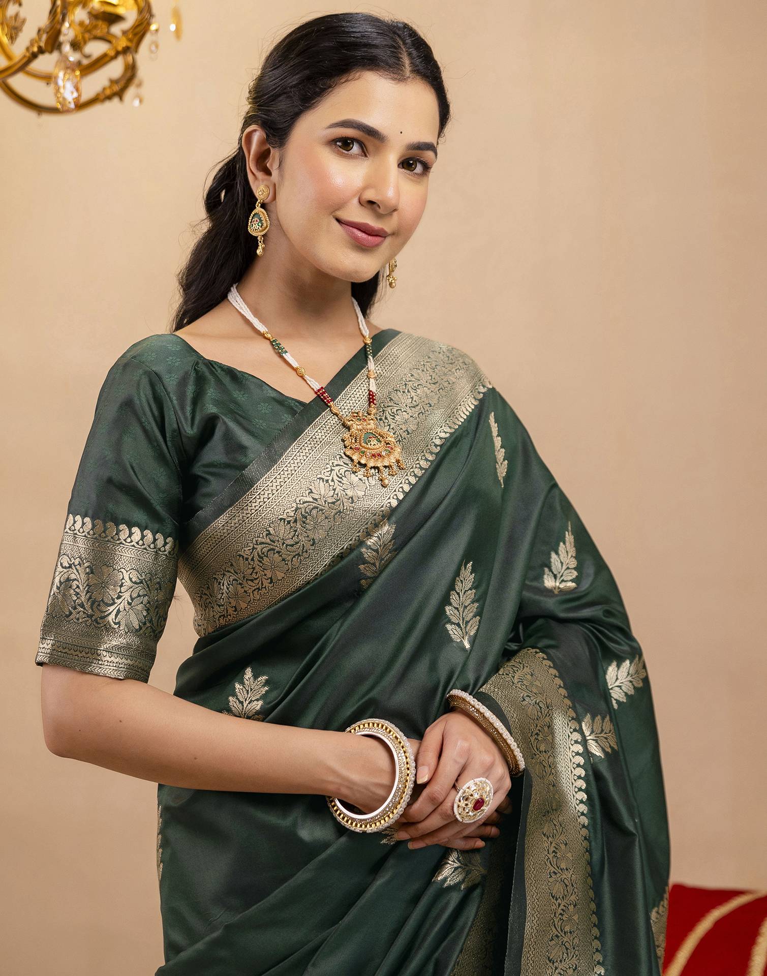 Bottle Green Silk Woven Banarasi Saree - Image 2