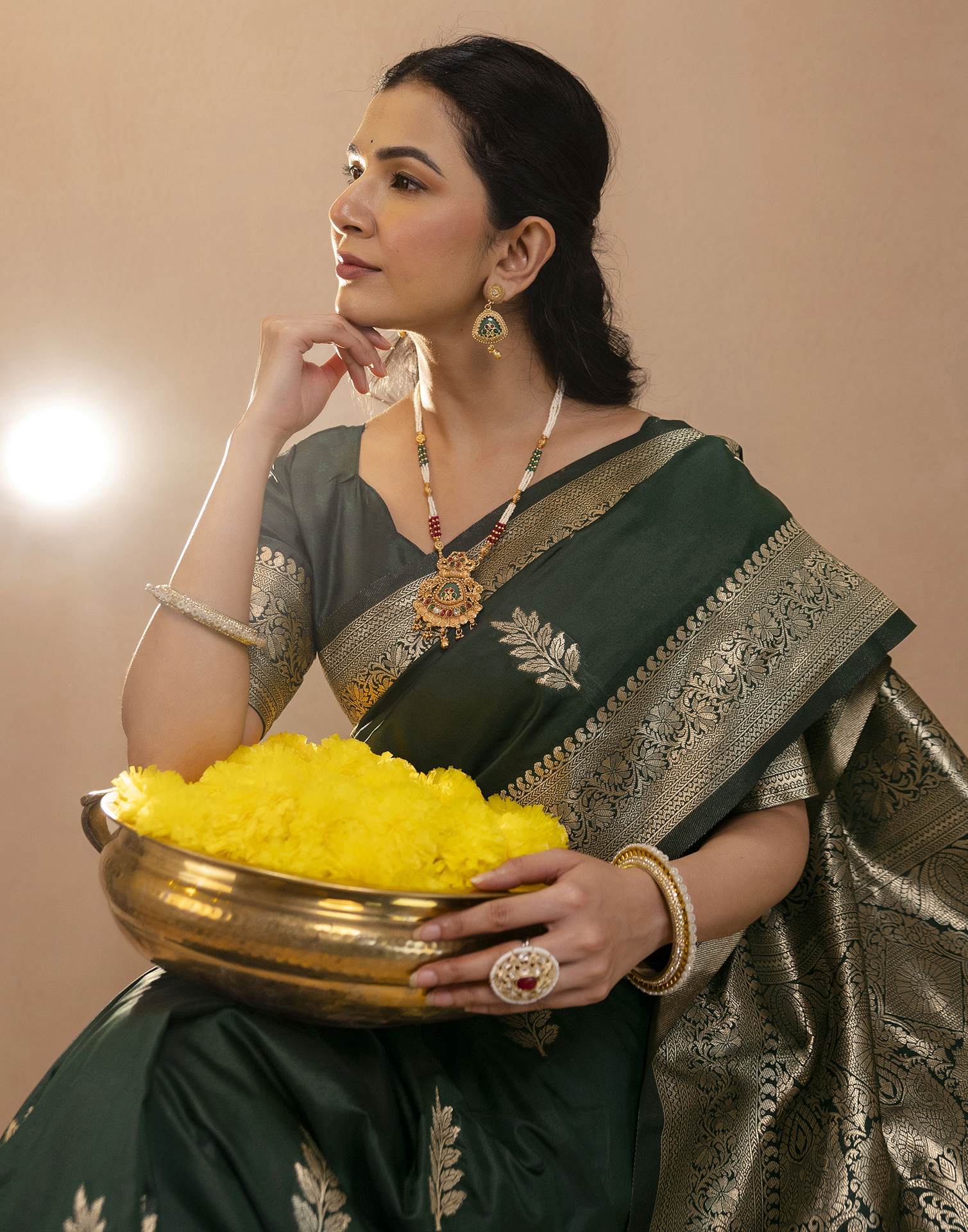 Bottle Green Silk Woven Banarasi Saree - Image 4