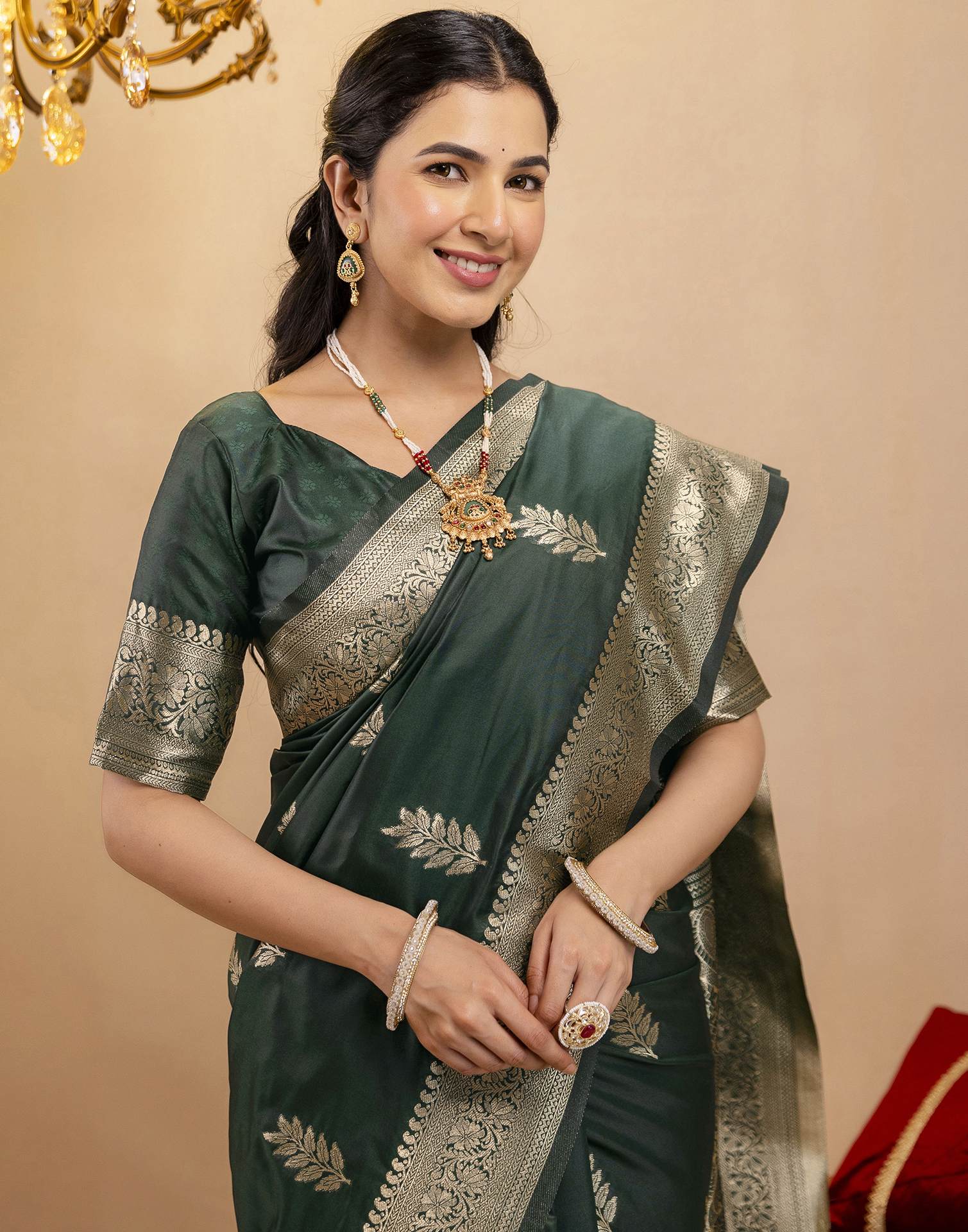 Bottle Green Silk Woven Banarasi Saree - Image 5