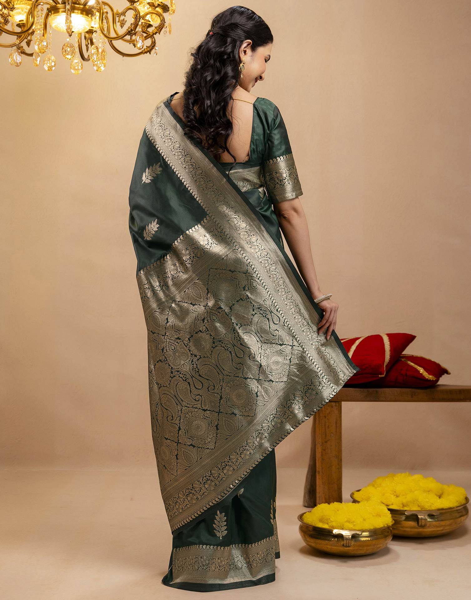 Bottle Green Silk Woven Banarasi Saree - Image 8