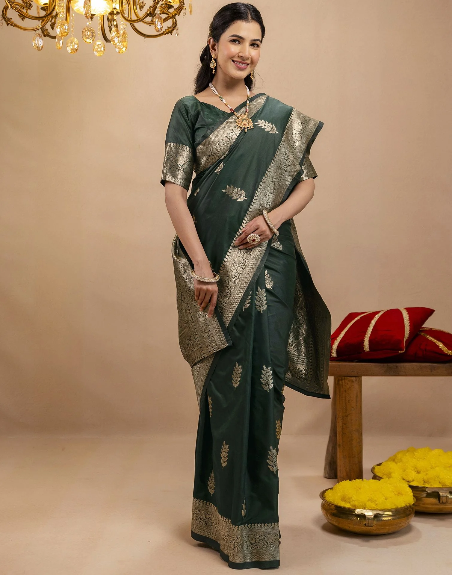 Bottle Green Silk Woven Banarasi Saree - Image 9