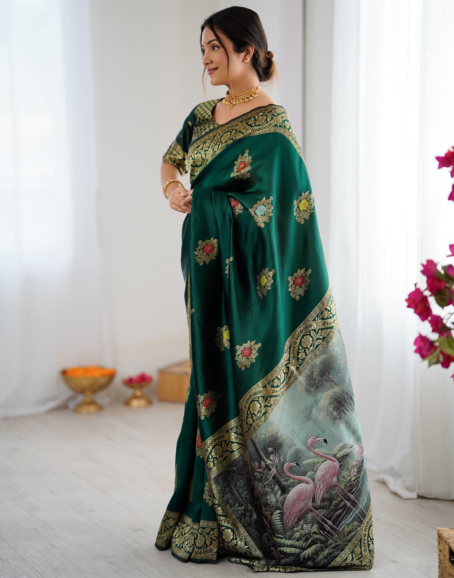 Bottle Green Silk Woven Saree - Image 5