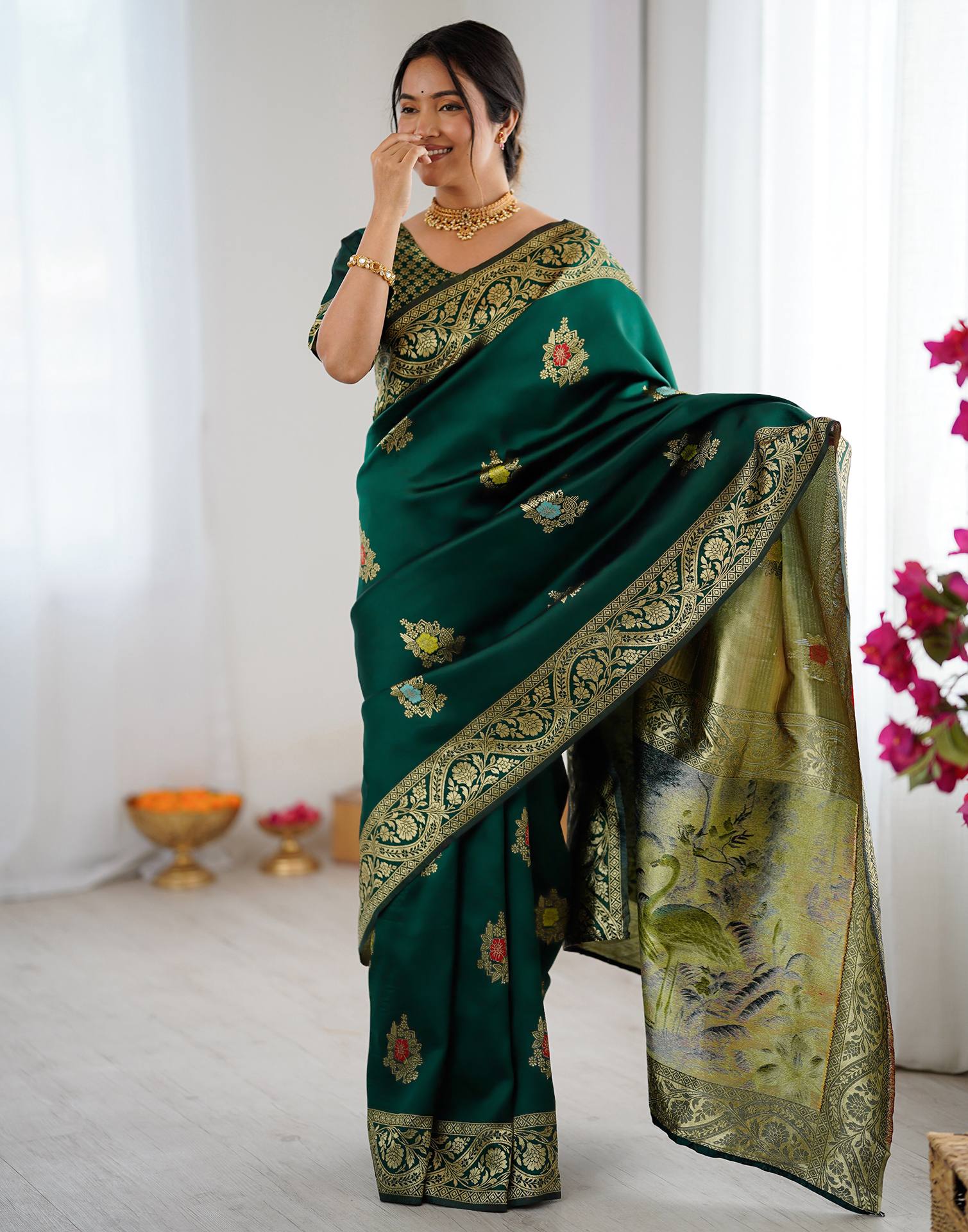 Bottle Green Silk Woven Saree - Image 8