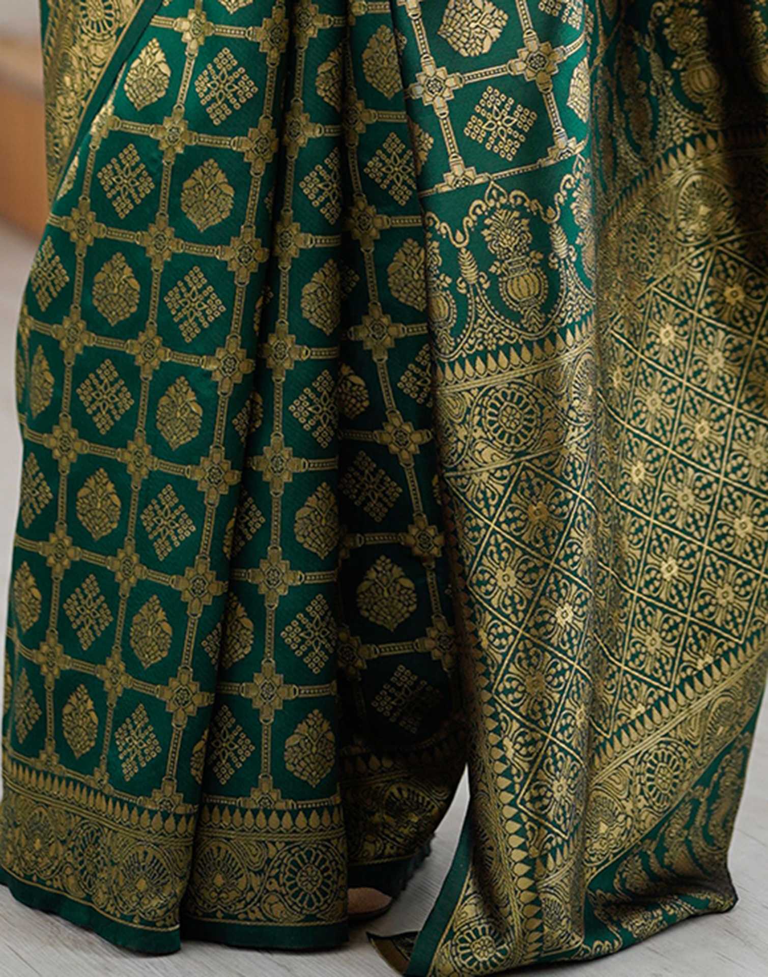 Bottle Green Silk Woven Banarasi Saree - Image 11