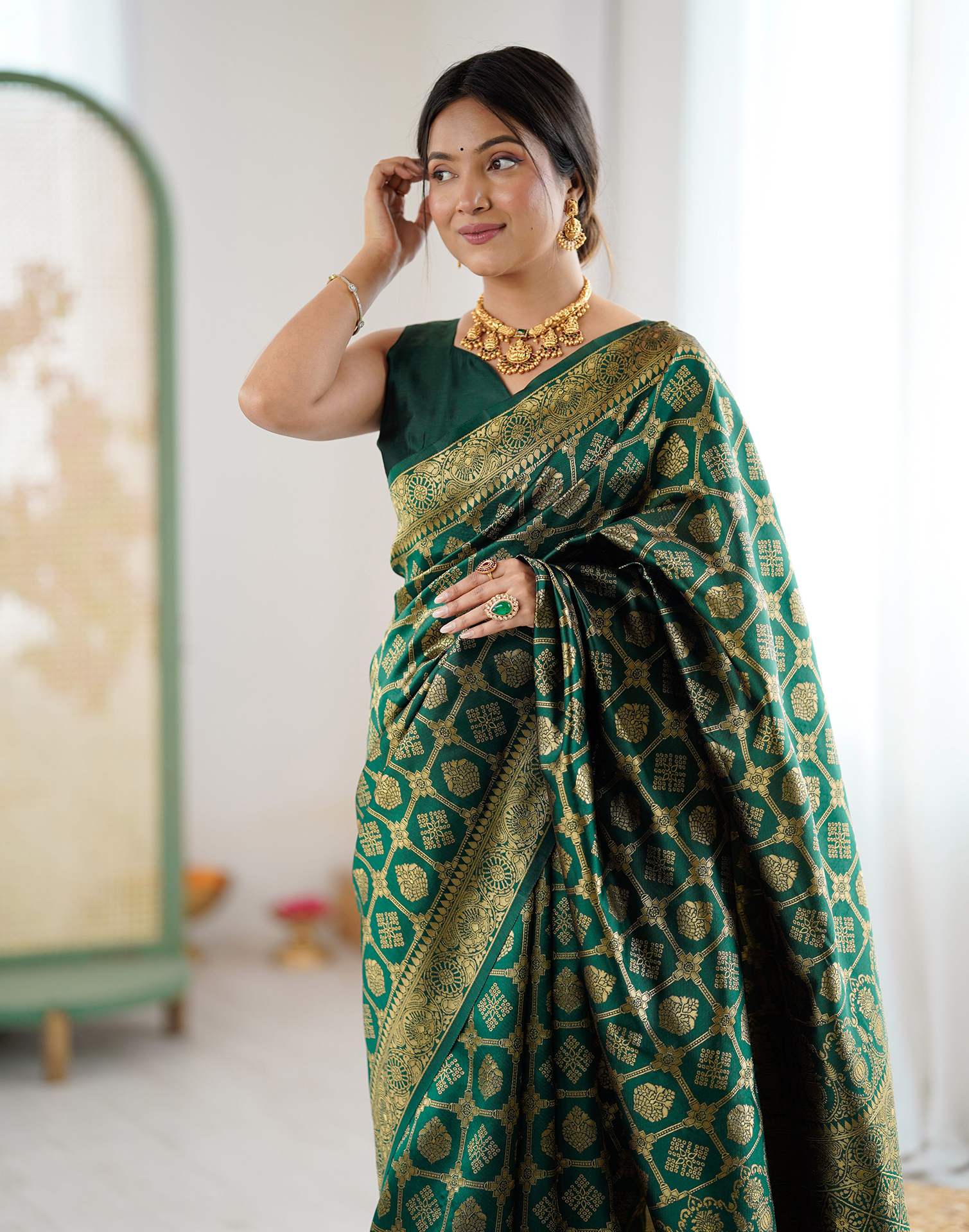 Bottle Green Silk Woven Banarasi Saree - Image 2